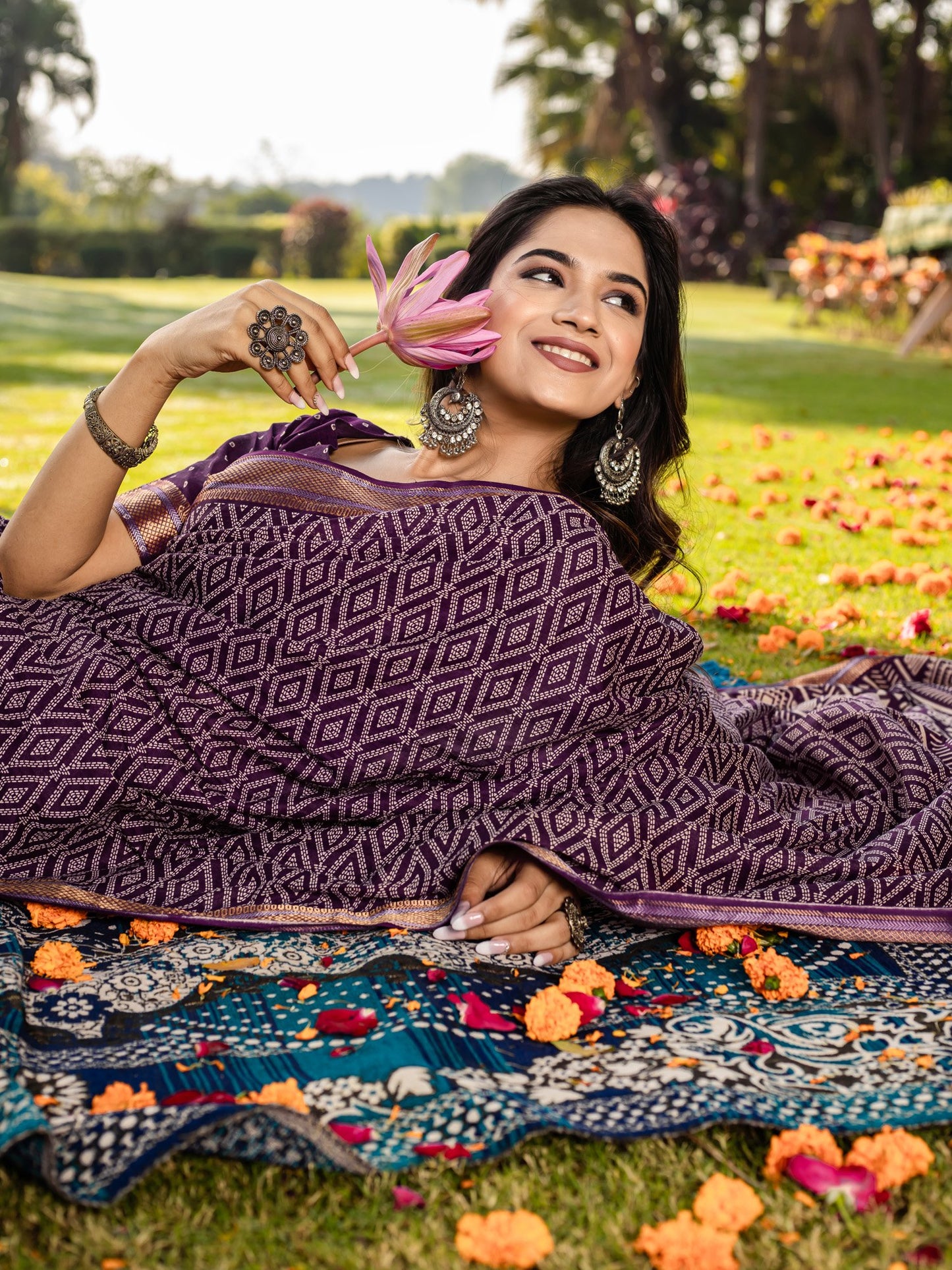 Magenta Block Print Cotton Printed Saree