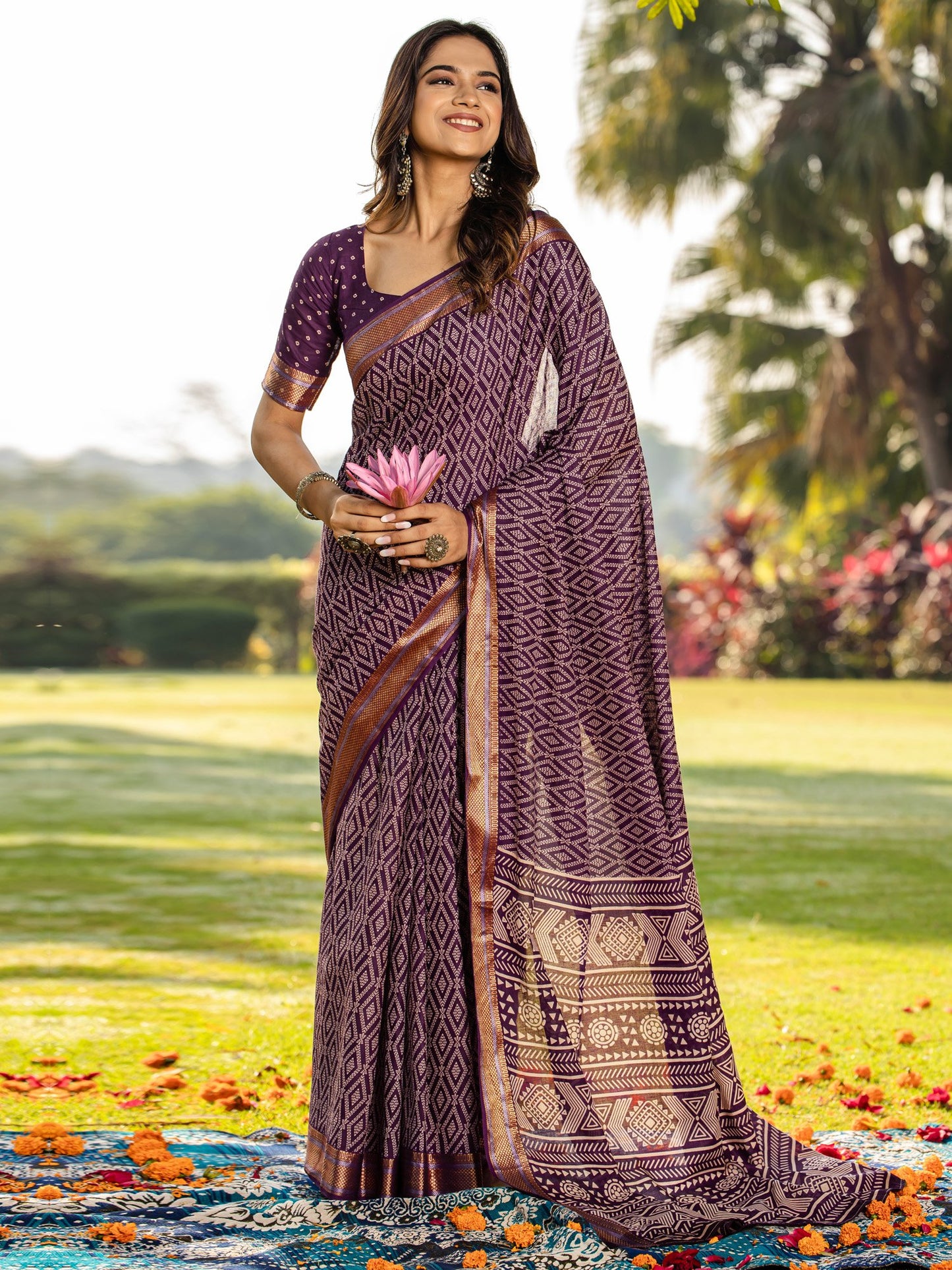 Magenta Block Print Cotton Printed Saree