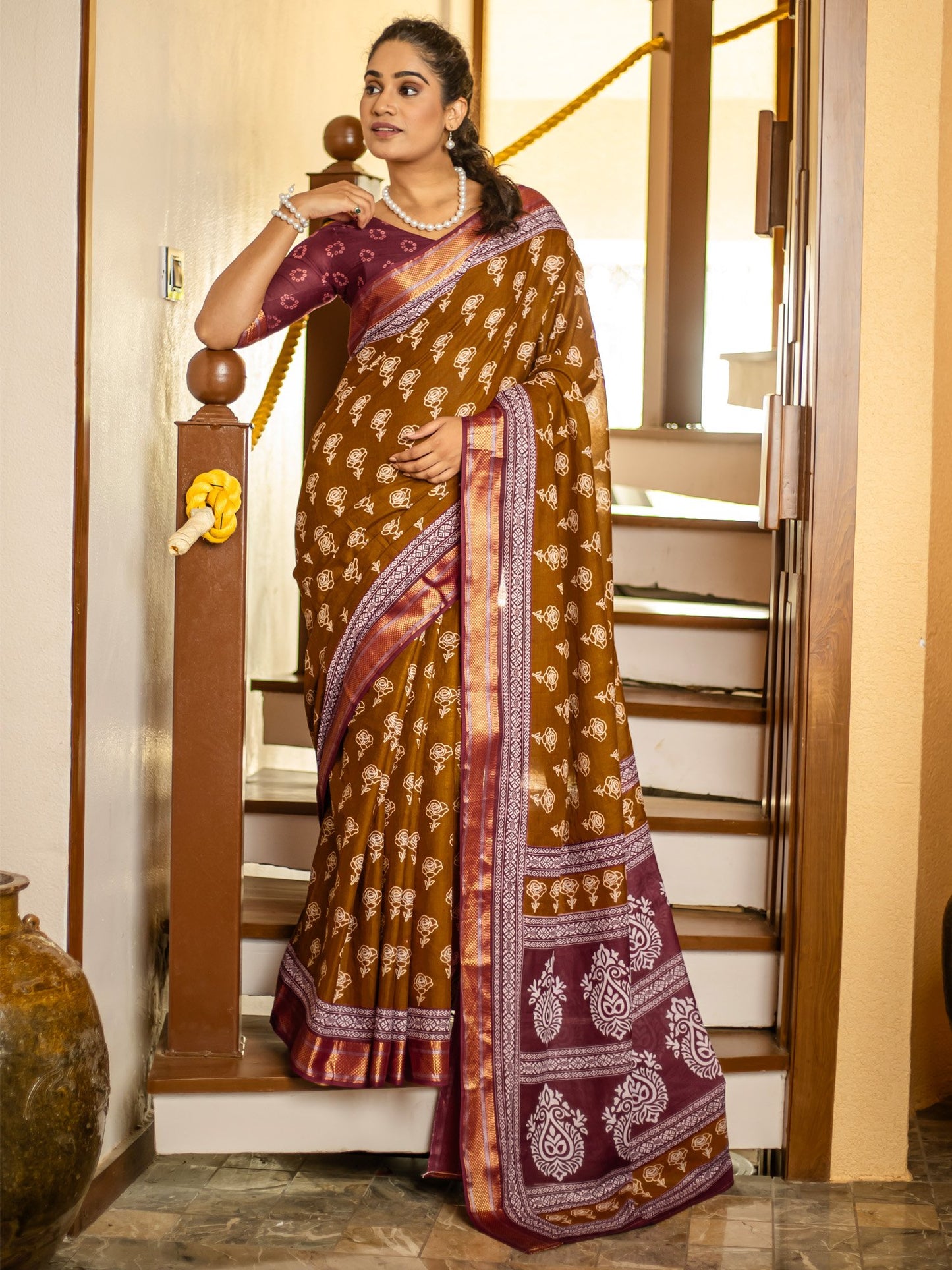 Brown Camel Bagh Cotton Printed Saree
