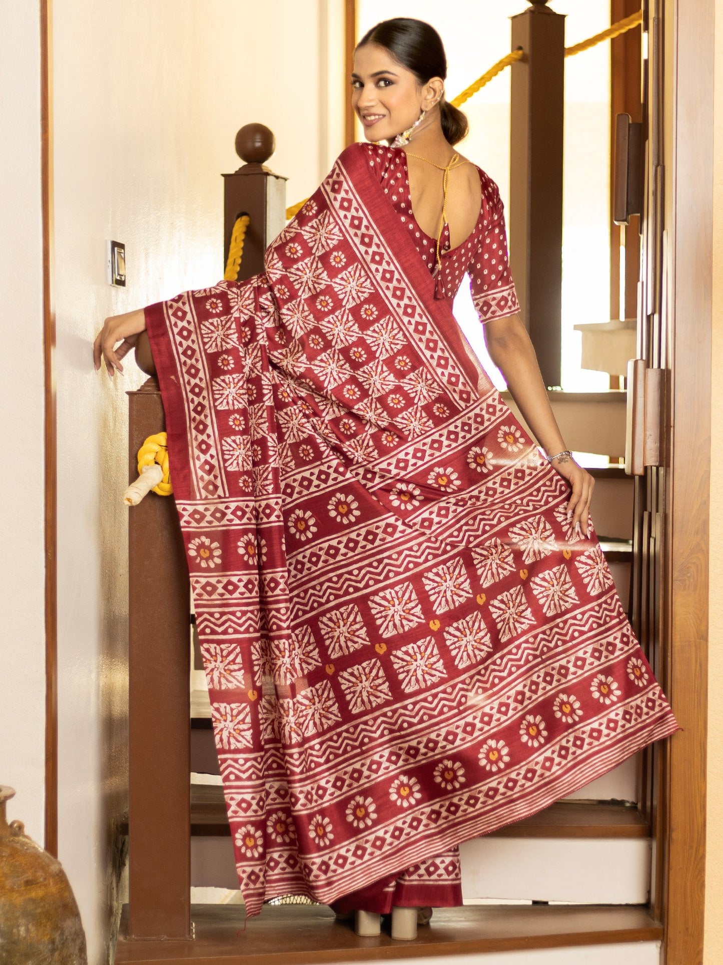 Maroon Block Print Cotton Blend Printed Saree