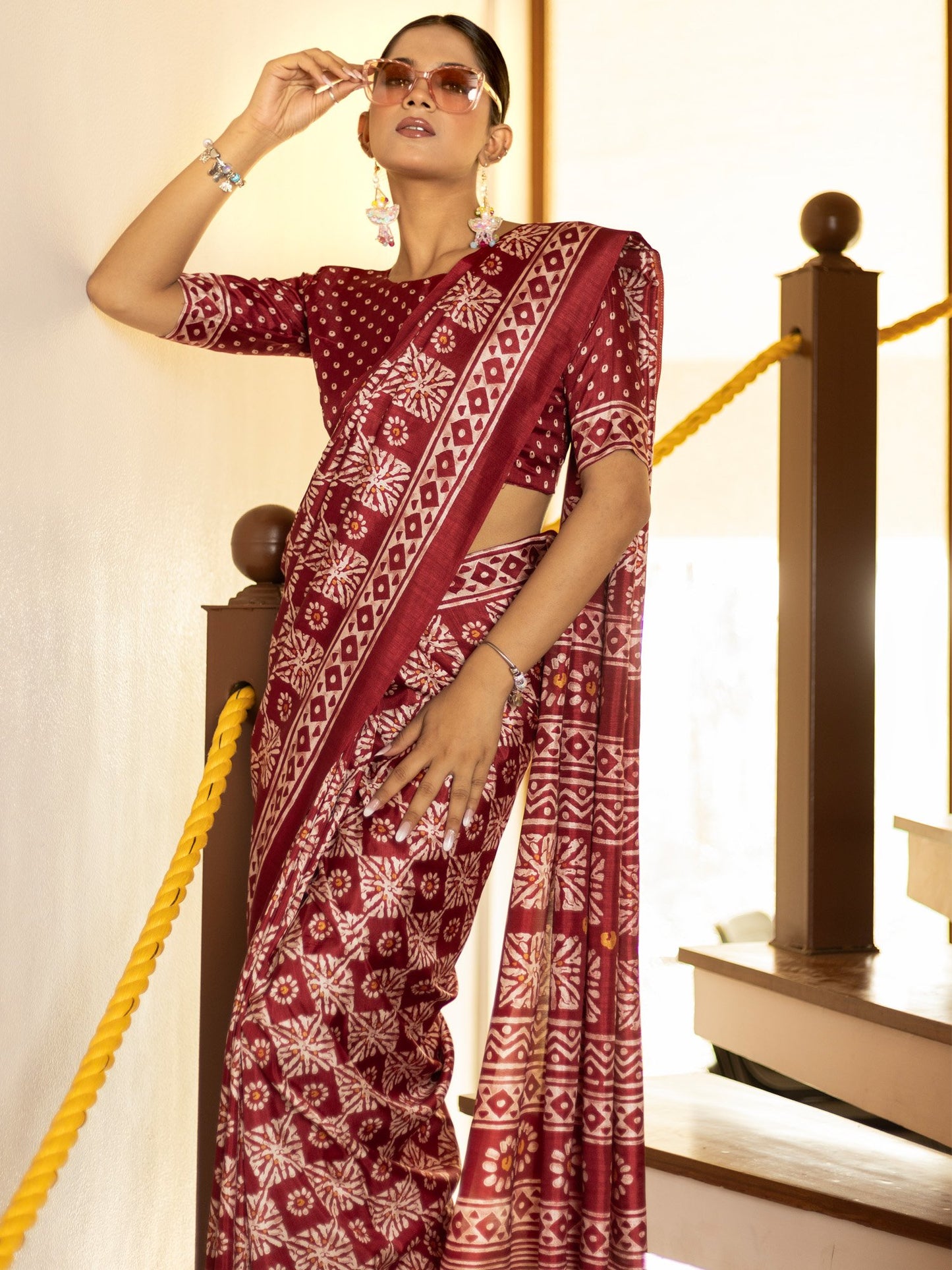 Maroon Block Print Cotton Blend Printed Saree