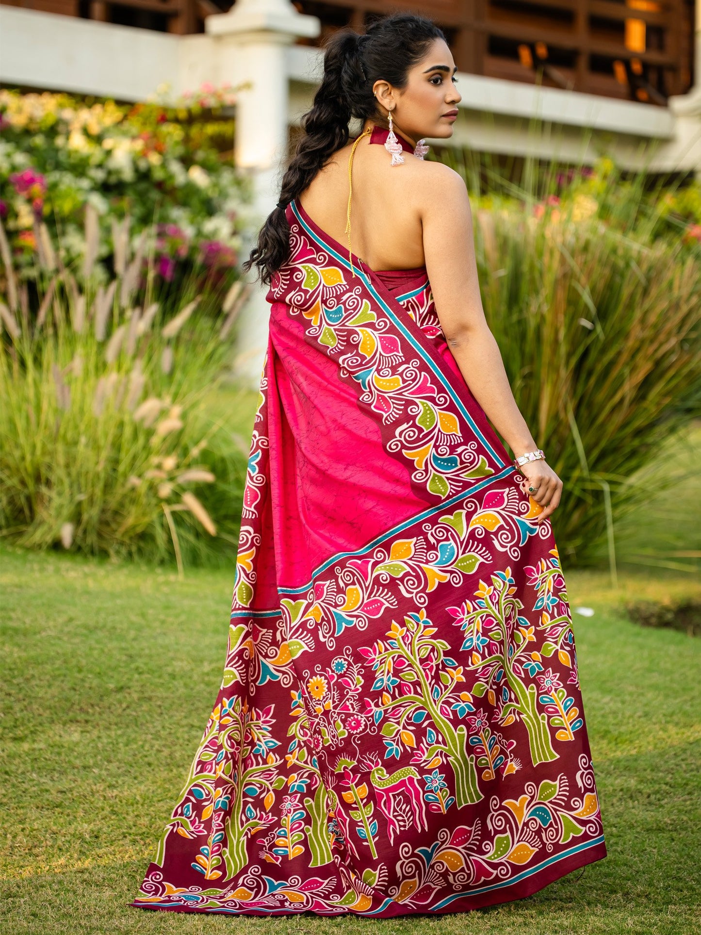 Pink Block Print Cotton Blend Printed Saree