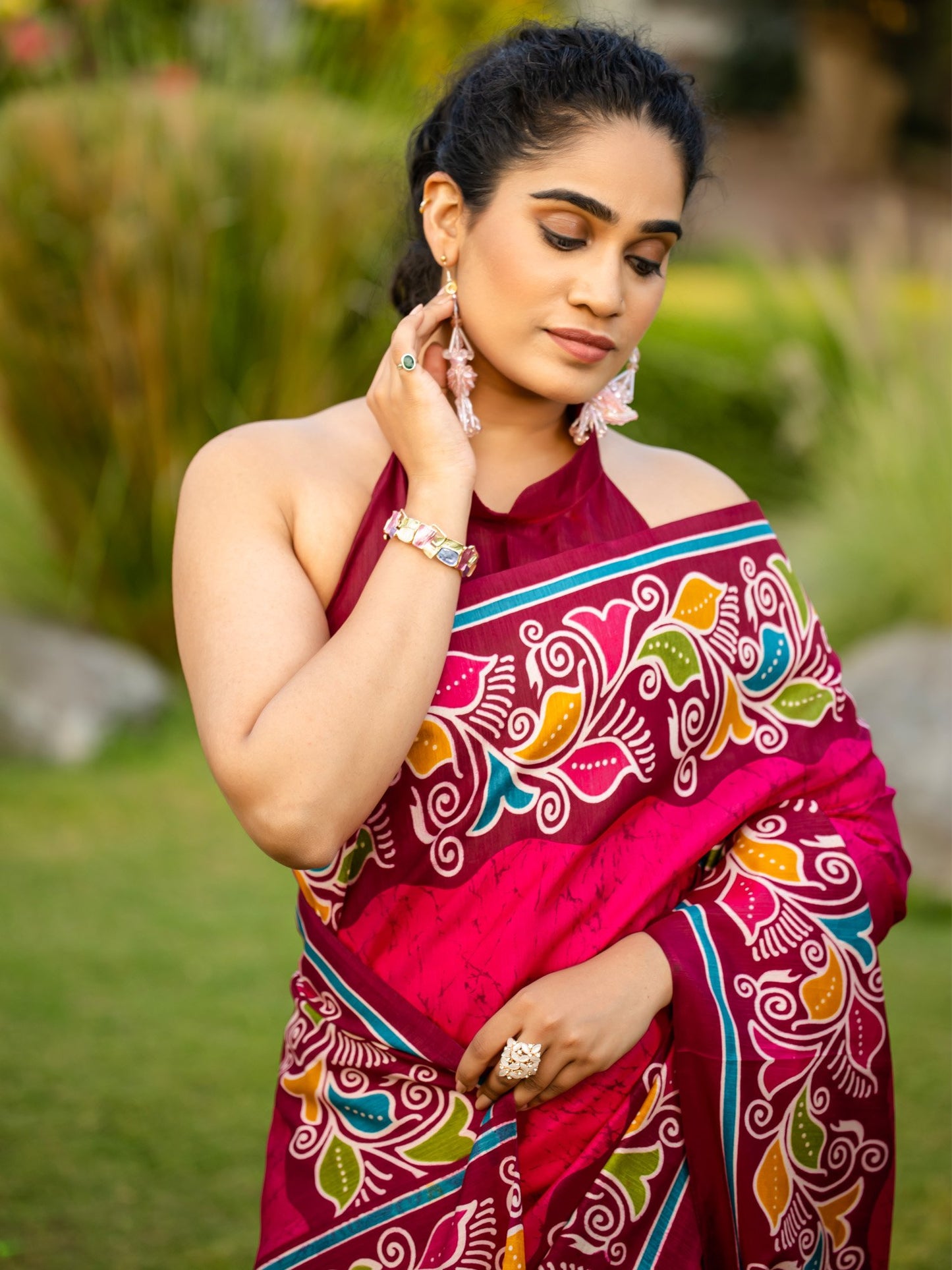 Pink Block Print Cotton Blend Printed Saree