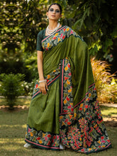 Green Block Print Cotton Blend Printed Saree - The Dori Store