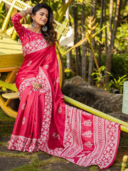 Pink Bagh Cotton Blend Printed Saree - The Dori Store