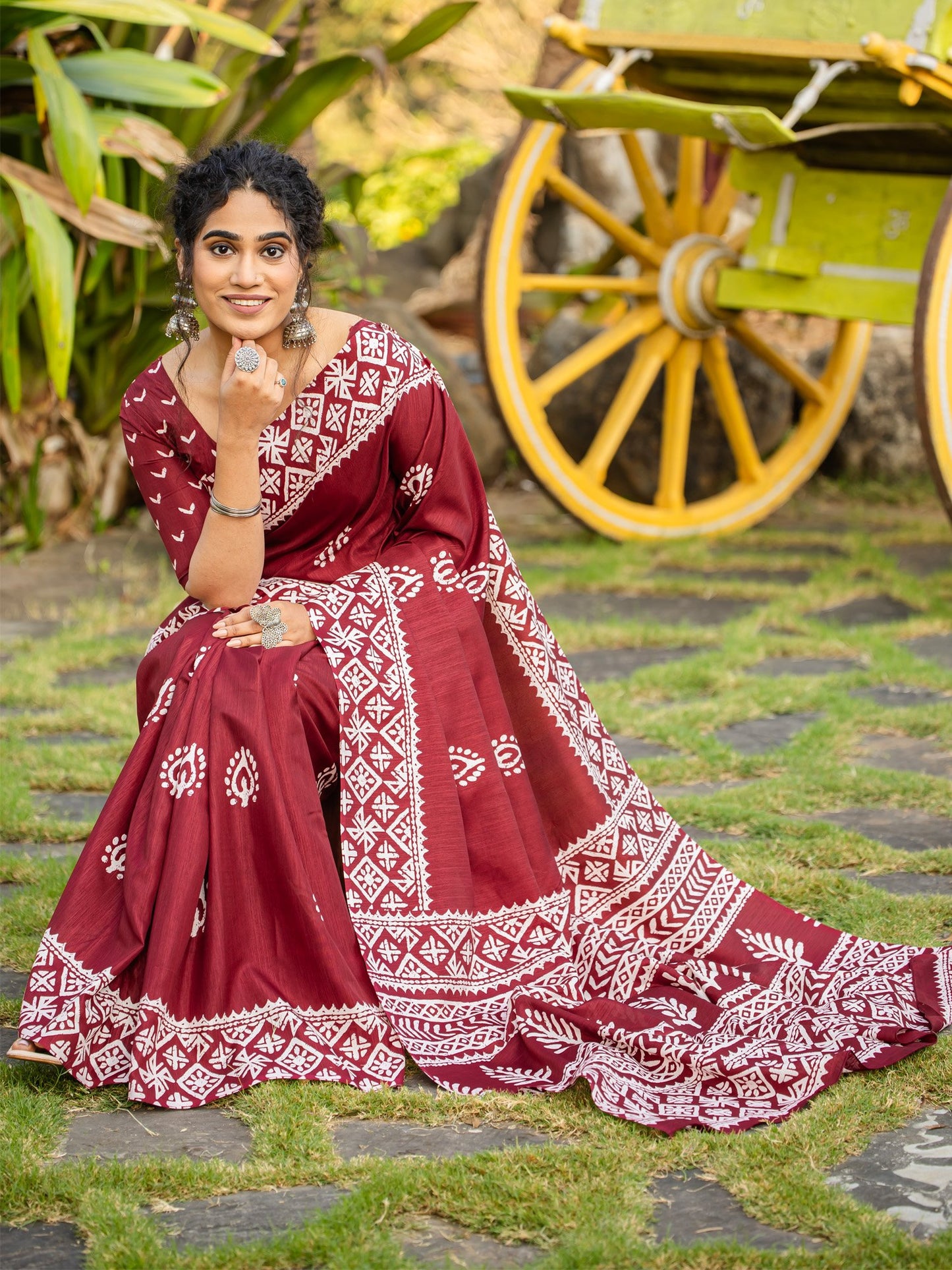 Maroon Bagh Cotton Blend Printed Saree