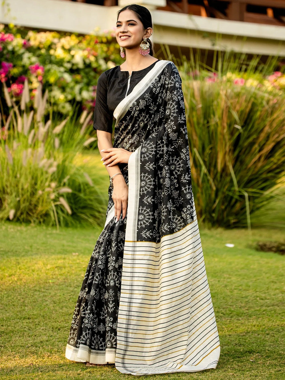 Black Block Print Bhagalpuri Silk Printed Saree - The Dori Store