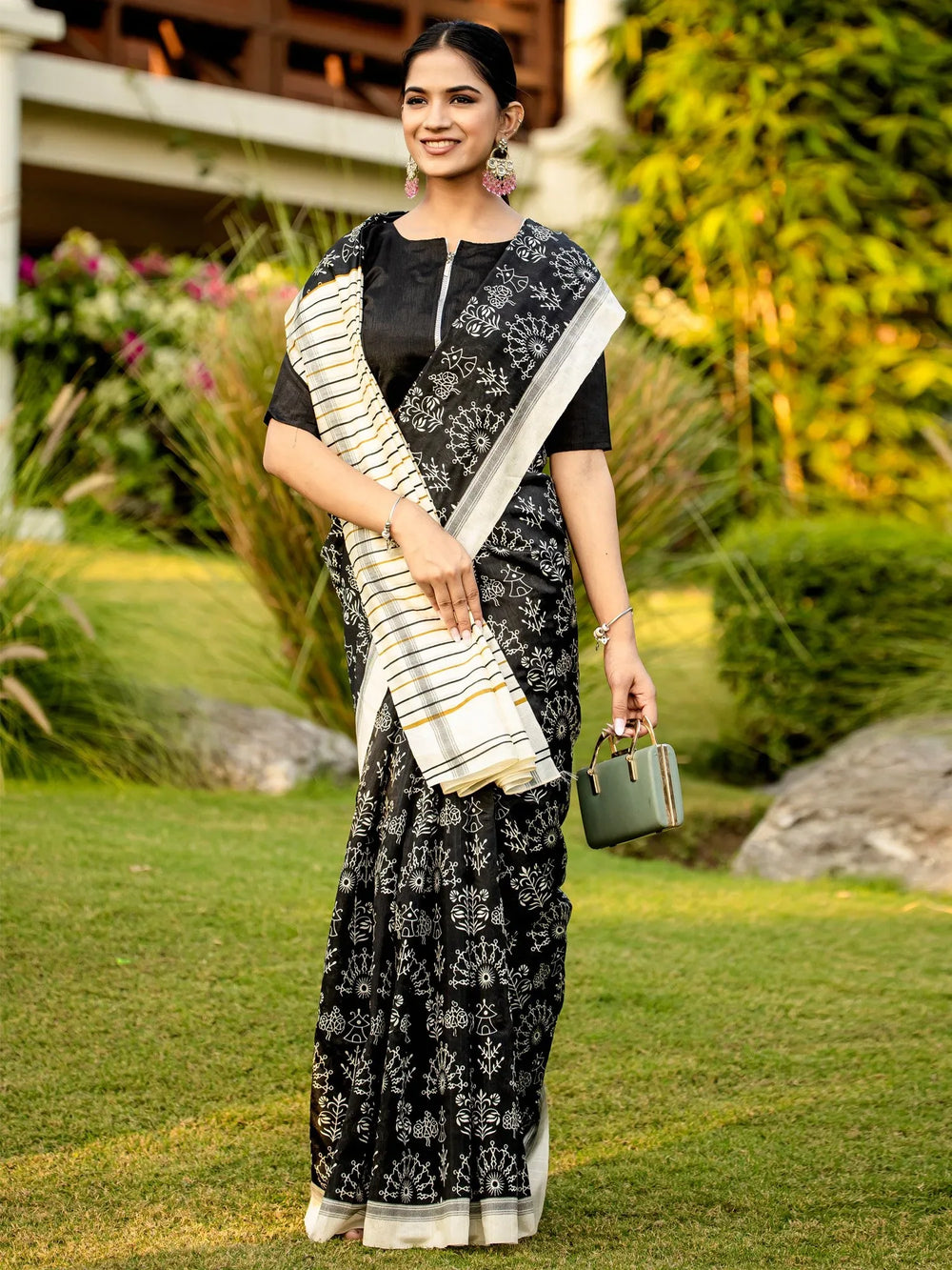 Black Block Print Bhagalpuri Silk Printed Saree - The Dori Store