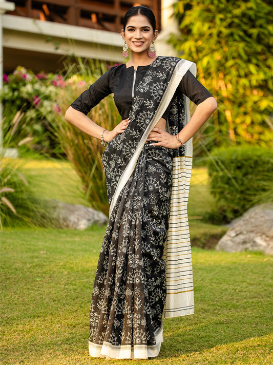 Black Black Block Print Bhagalpuri Silk Printed Saree