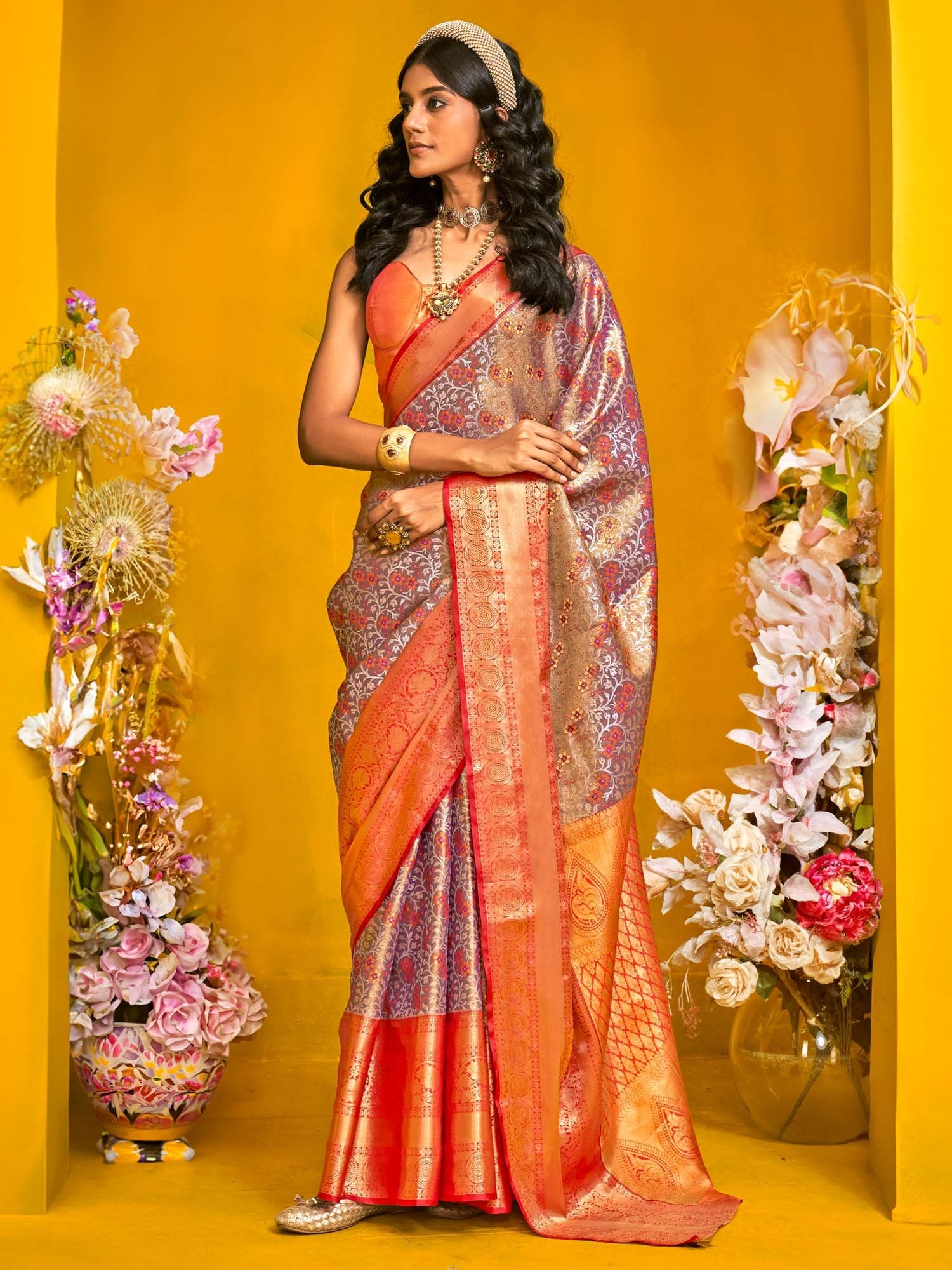 Grey Metallic Kanjeevaram Kanjeevaram Silk Woven Saree