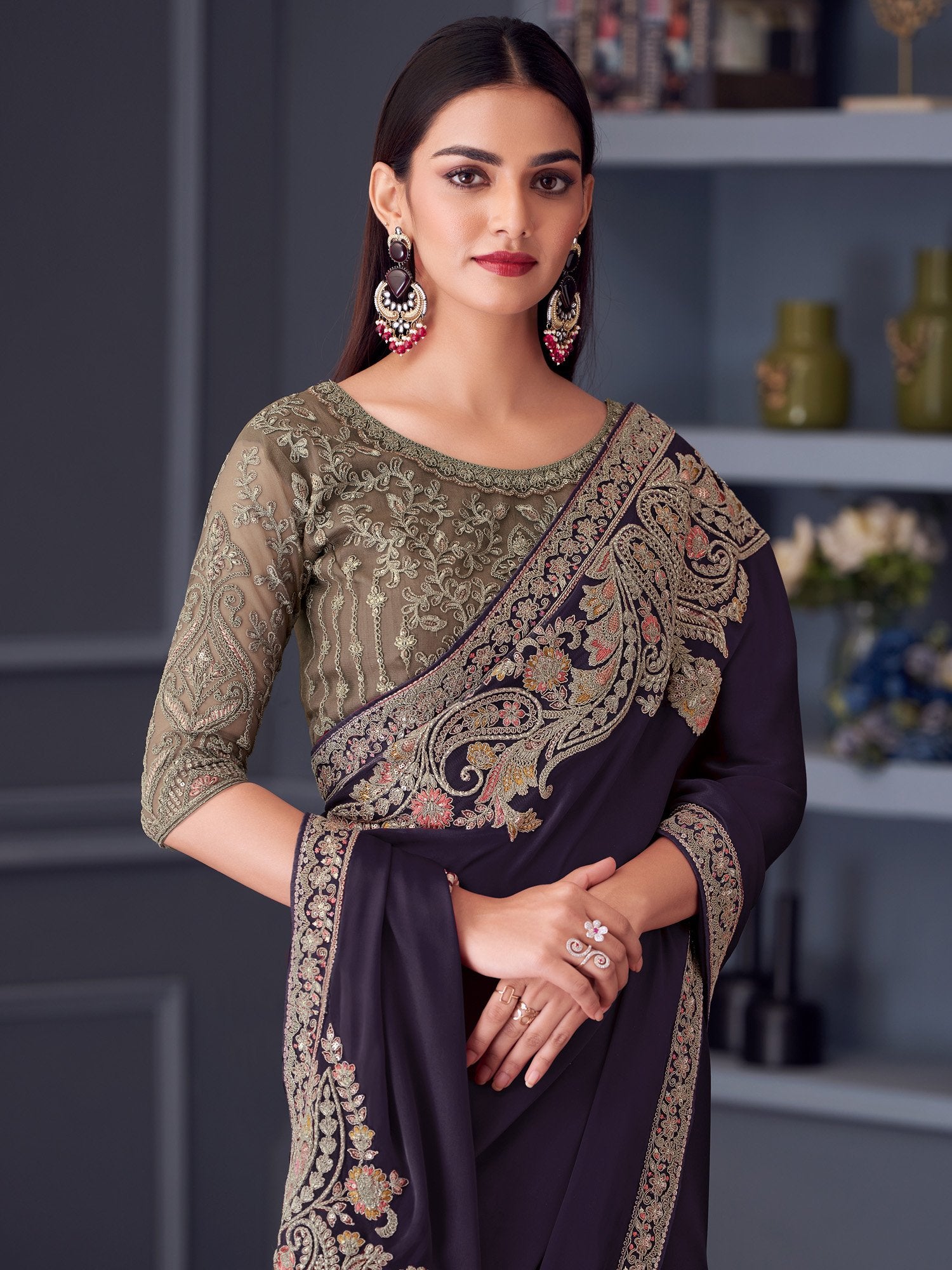 Purple Violet Party Wear Satin Embellished Saree