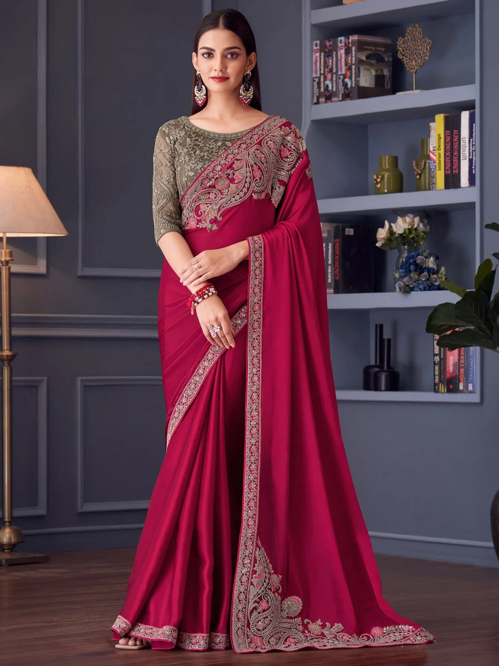 Pink Party Wear Satin Embellished Saree - The Dori Store