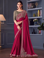 Pink Party Wear Satin Embellished Saree - The Dori Store