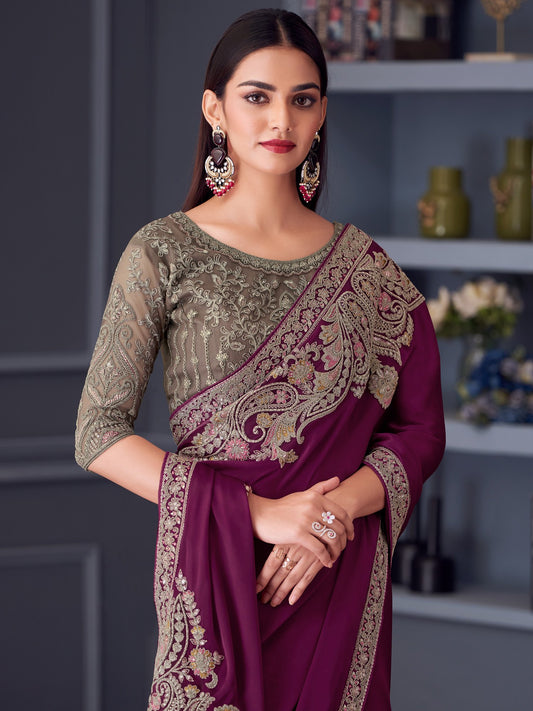 Purple Magenta Party Wear Satin Embellished Saree