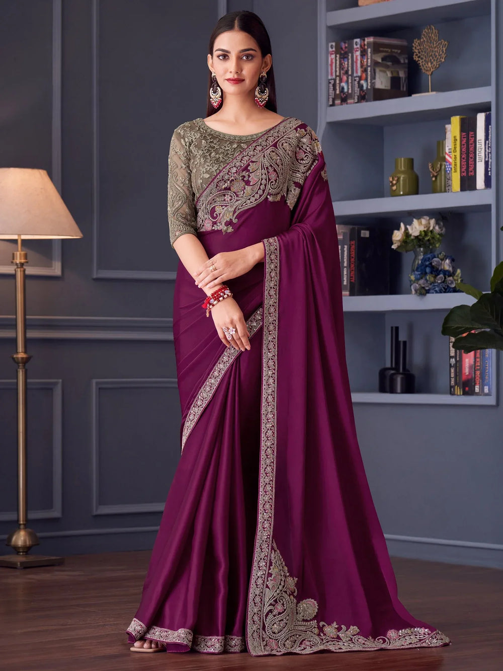Magenta Party Wear Satin Embellished Saree - The Dori Store