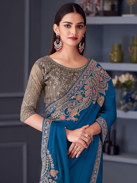 Blue Blue Party Wear Satin Embellished Saree
