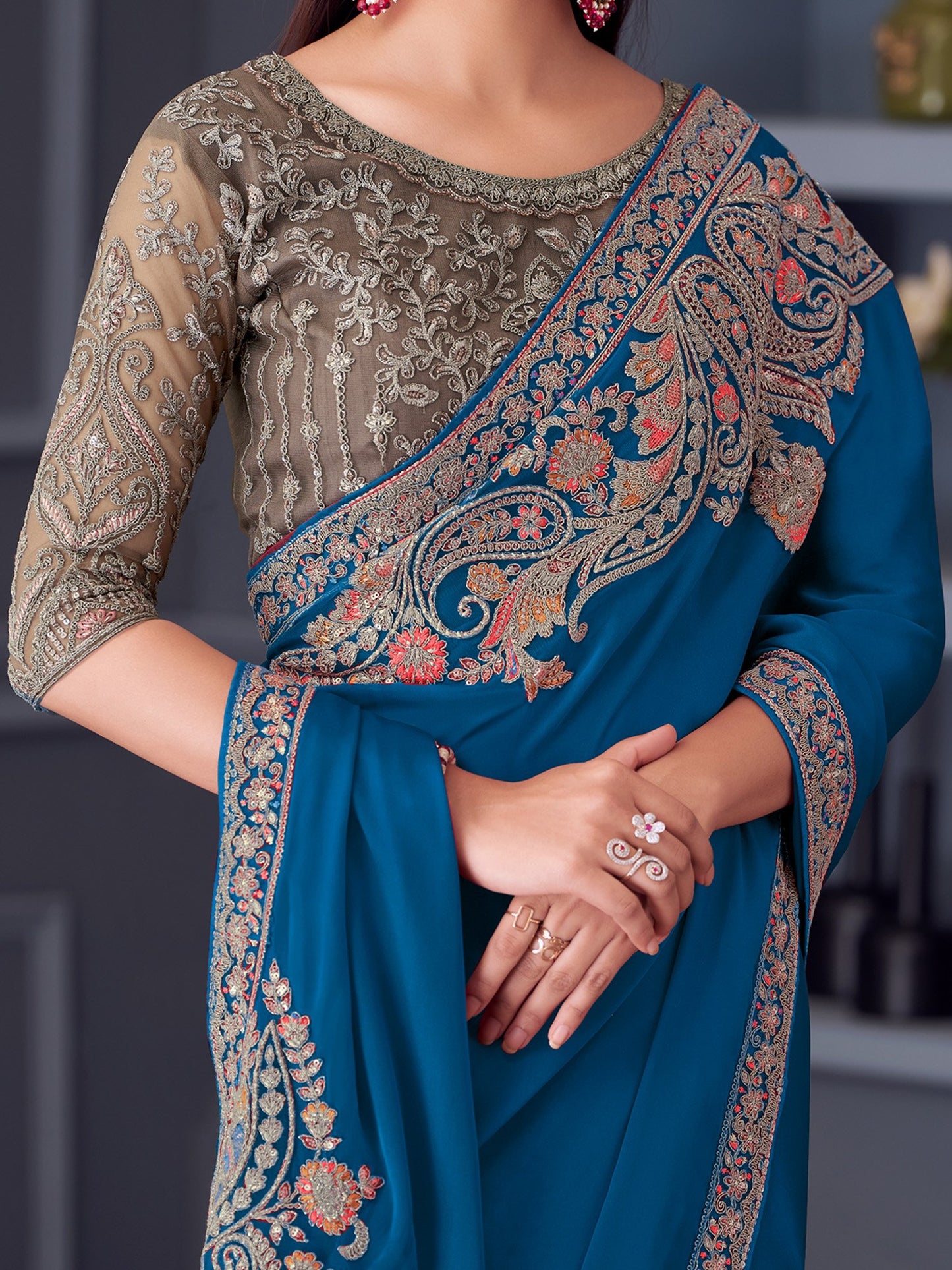 Blue Party Wear Satin Embellished Saree