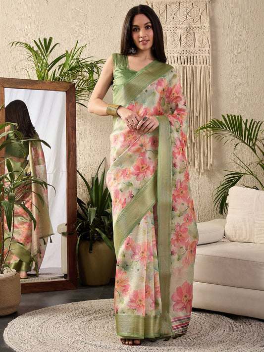 Green Light Sungudi Kanjeevaram Silk Digital Print Saree