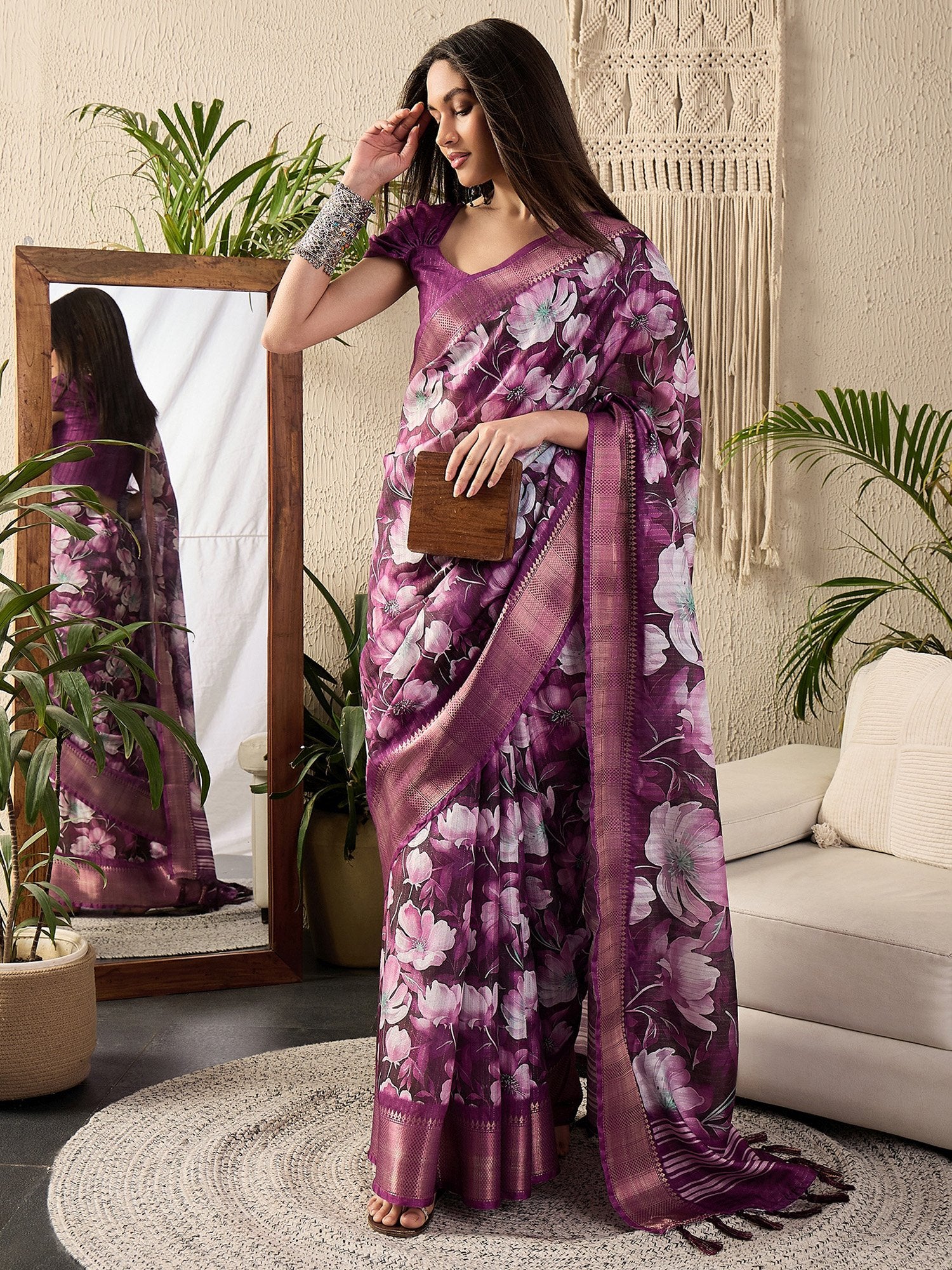 Purple Magenta Sungudi Cotton Blend Digital Print Saree