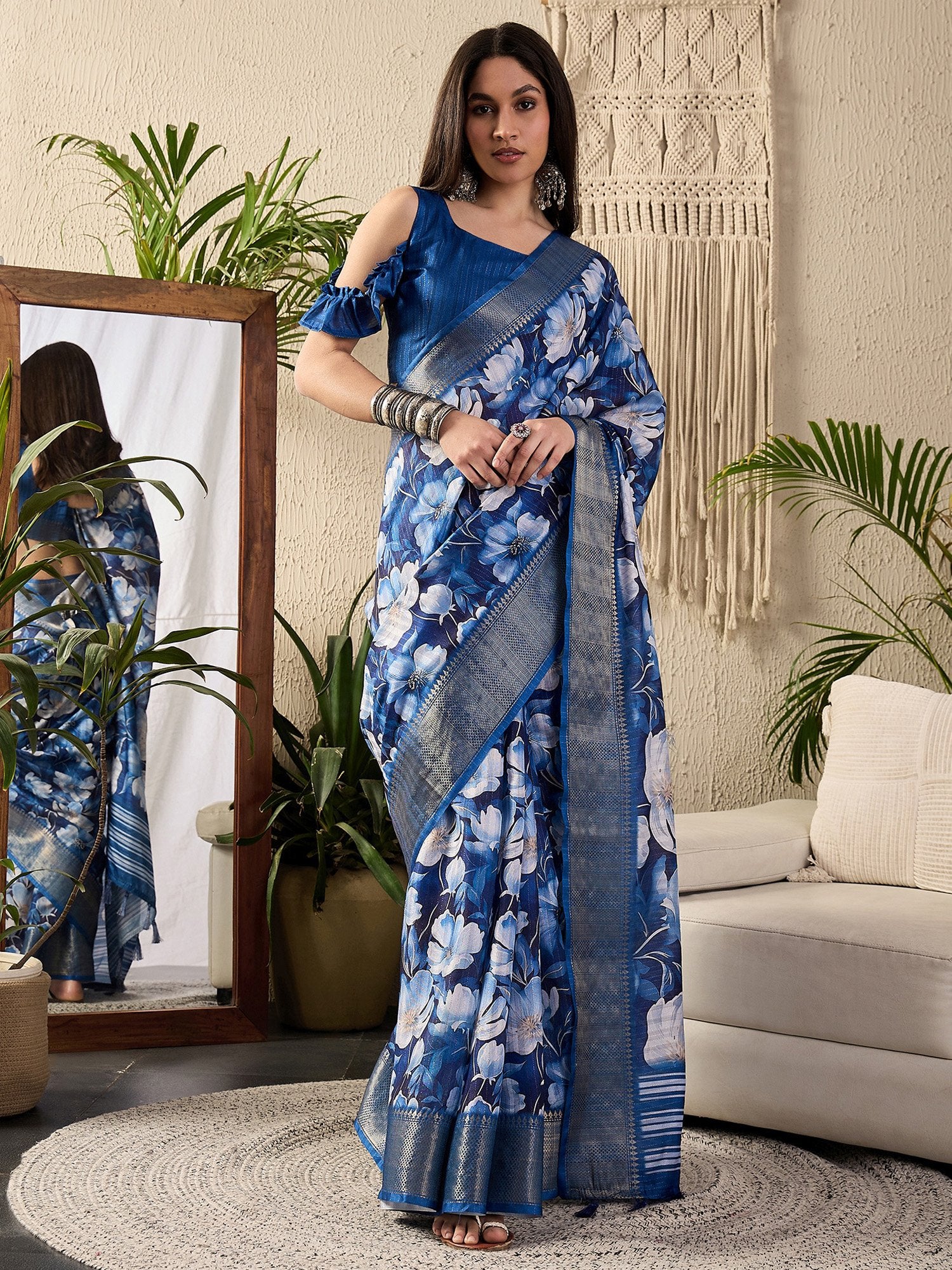 Blue Dark Sungudi Cotton Blend Digital Print Saree