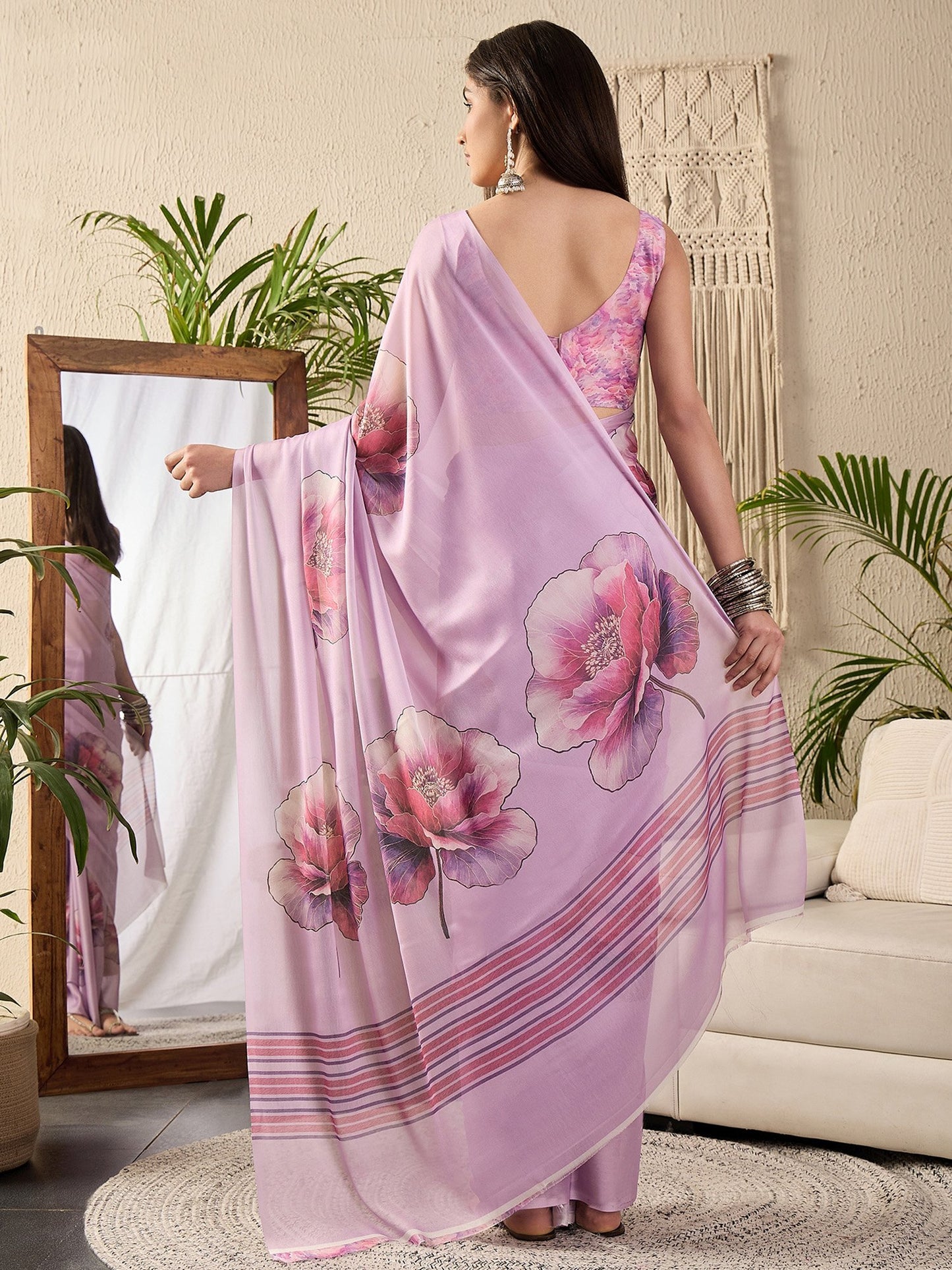 Mauve Block Print Georgette Printed Saree