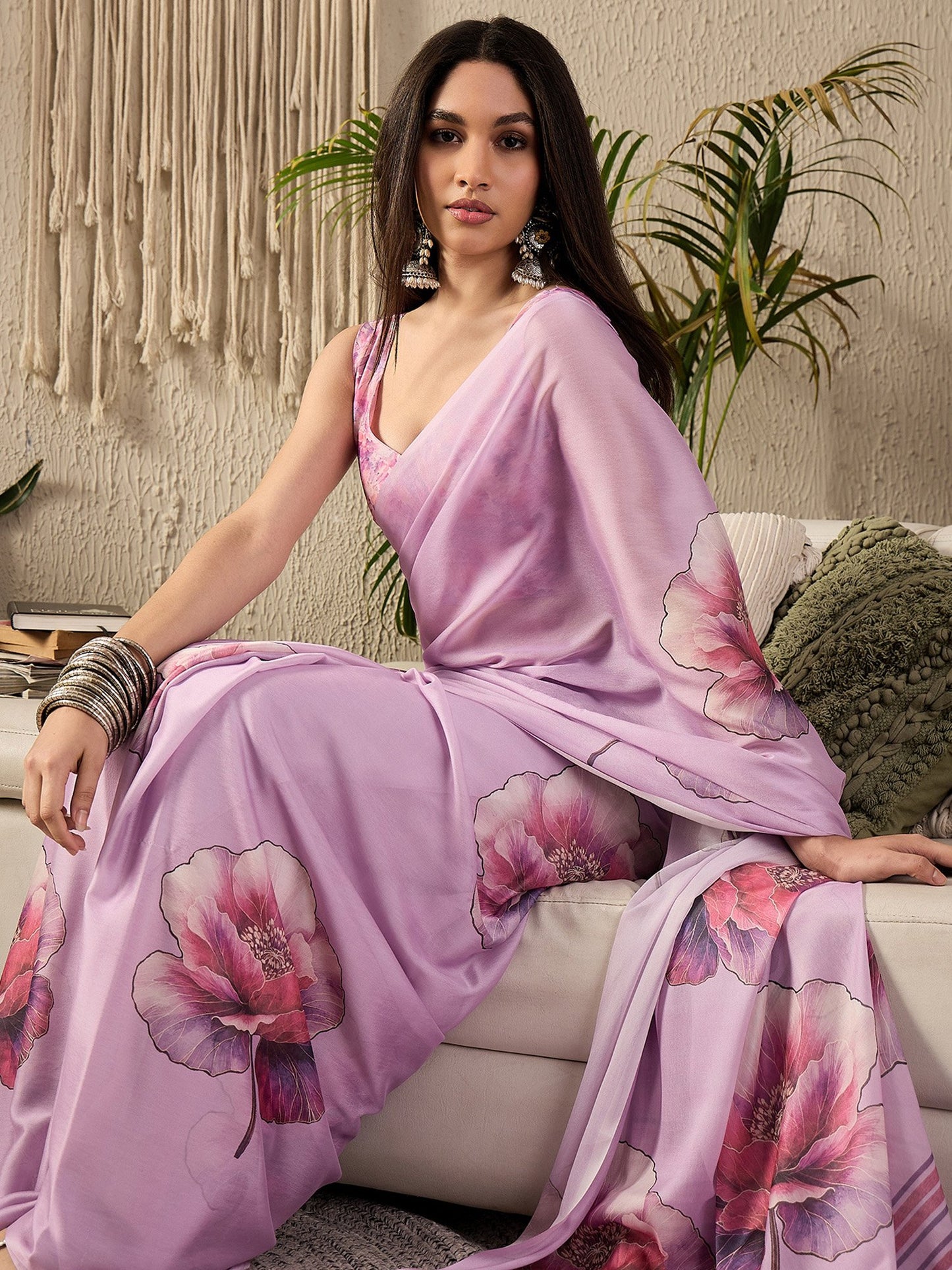 Mauve Block Print Georgette Printed Saree