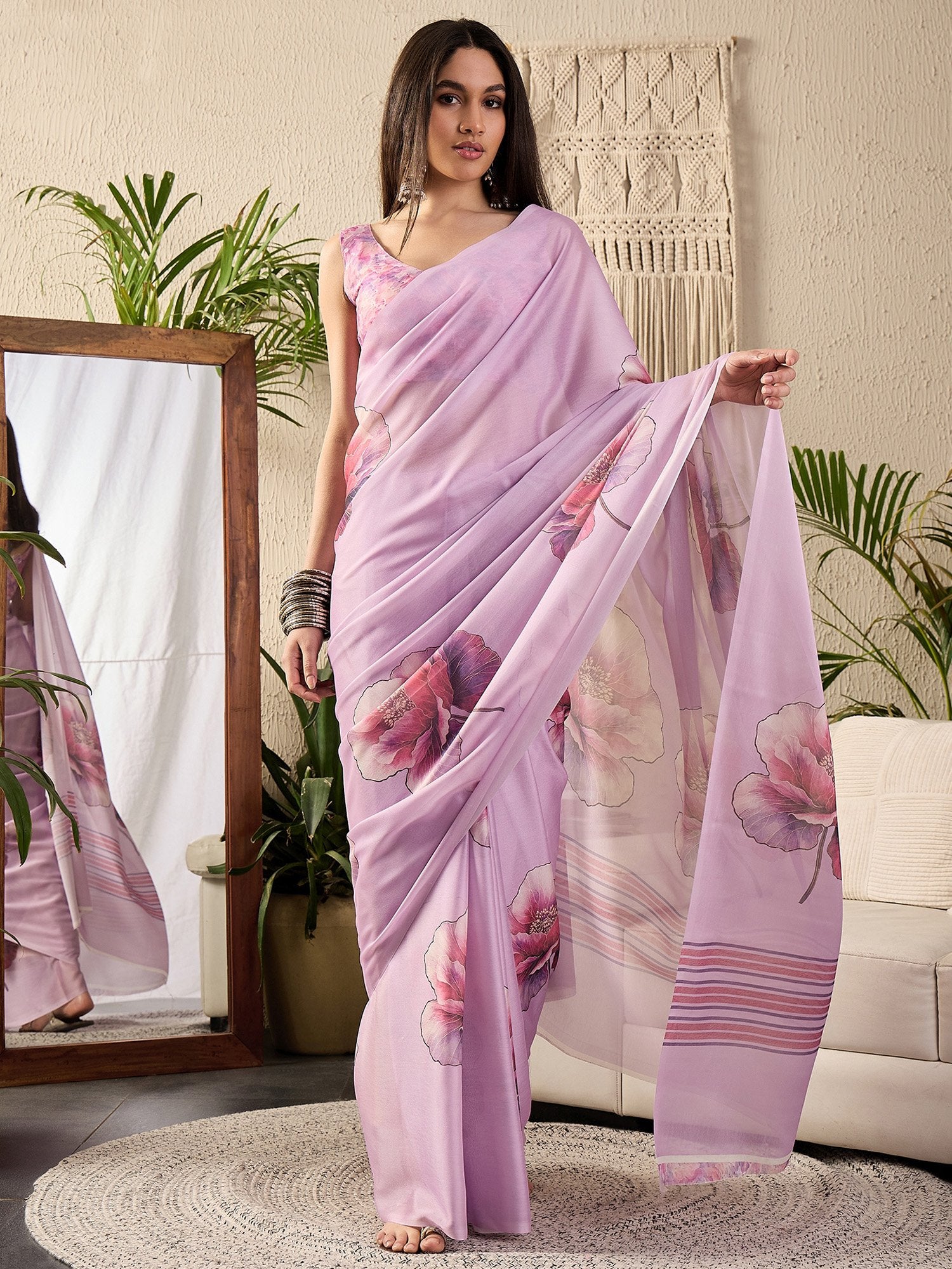 Purple Mauve Block Print Georgette Printed Saree