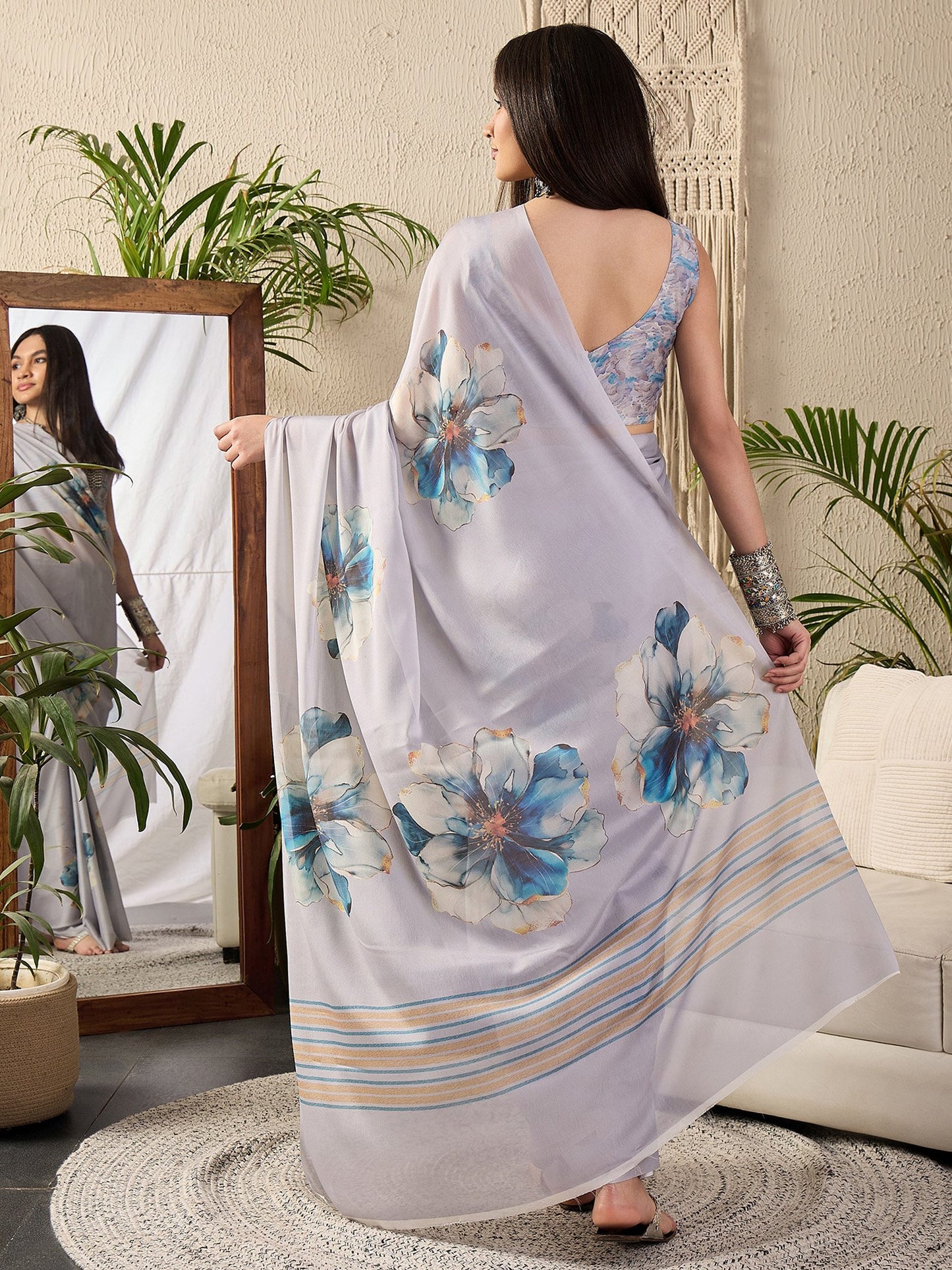 Metallic Block Print Georgette Printed Saree