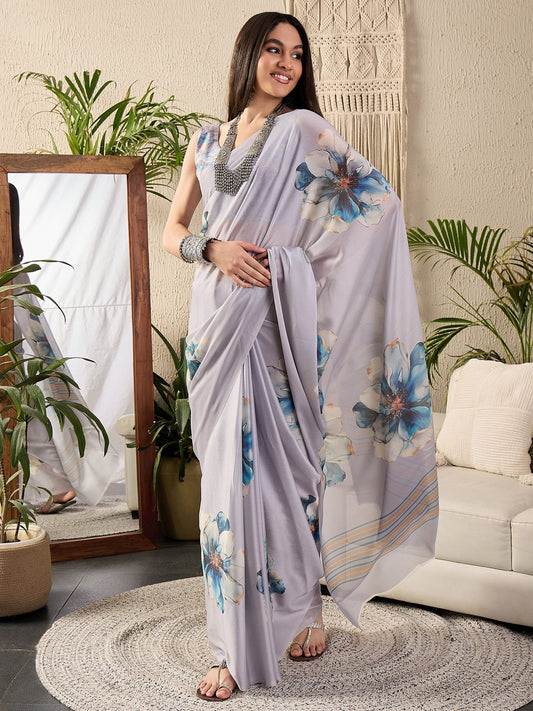 Grey Metallic Block Print Georgette Printed Saree
