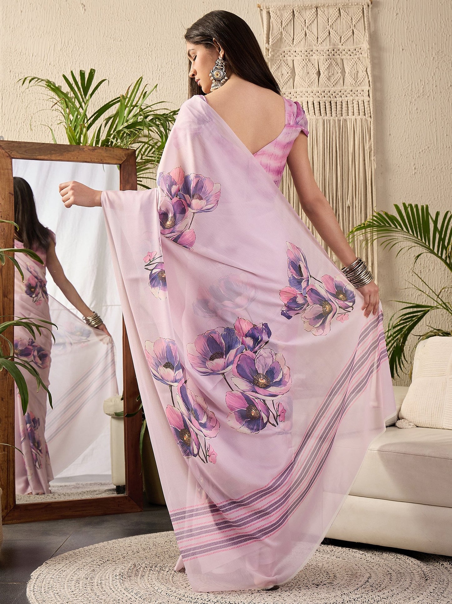 Mauve Block Print Georgette Printed Saree