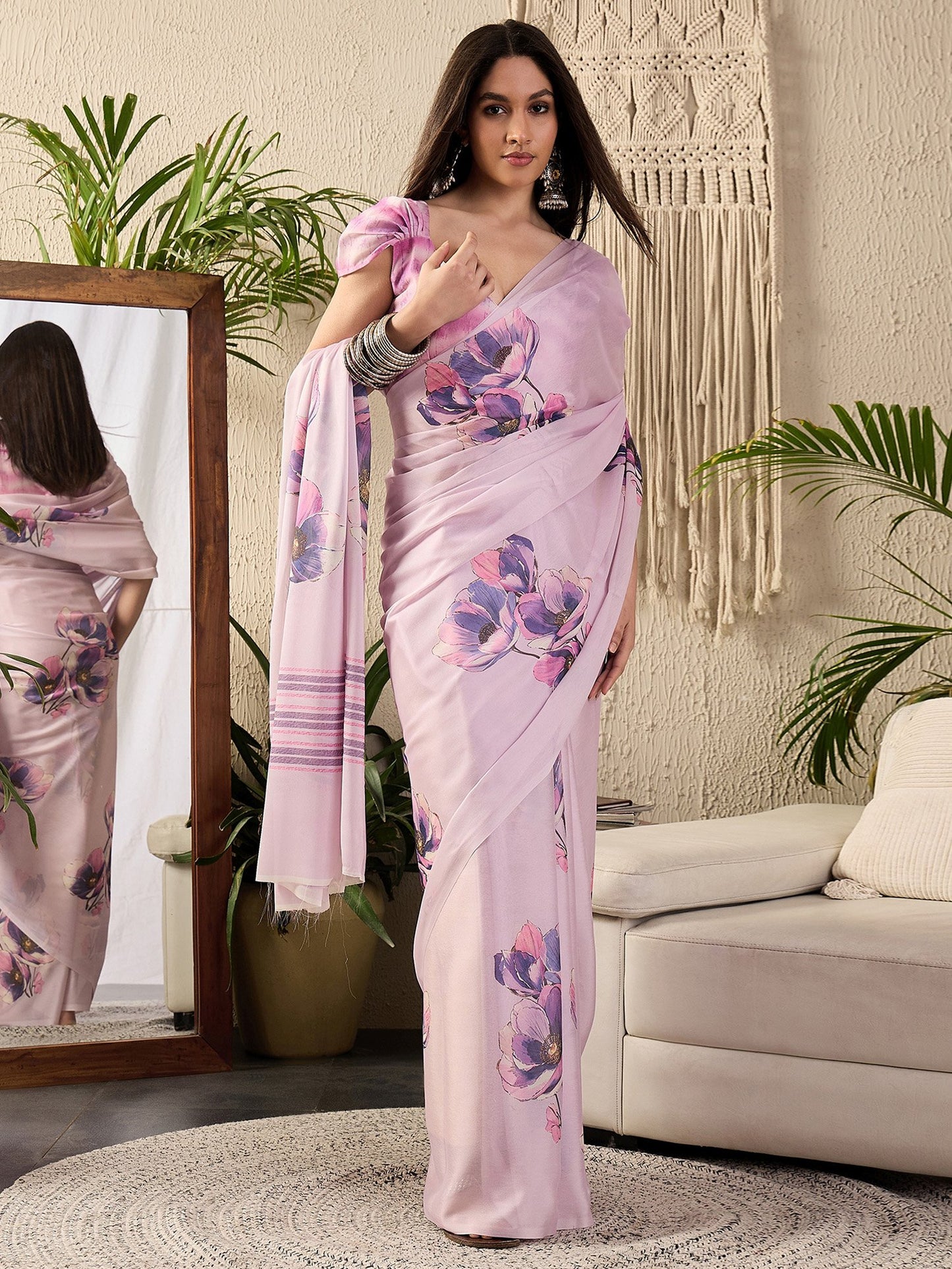 Mauve Block Print Georgette Printed Saree