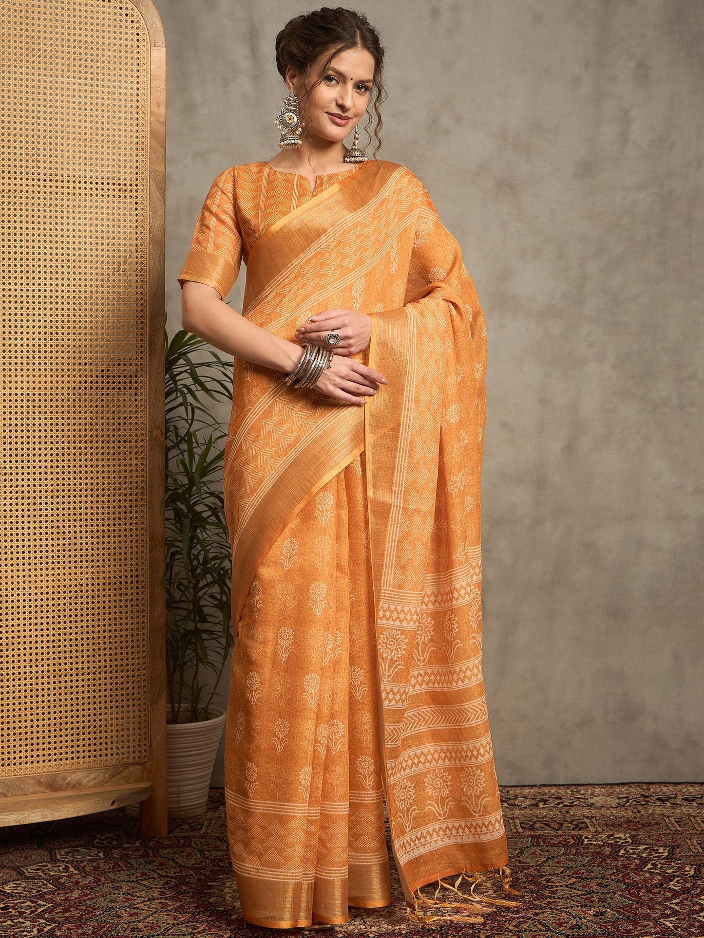 Orange Bagh Linen Printed Saree