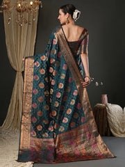Teal Blue Banarasi Organza Woven Saree - The Dori Store