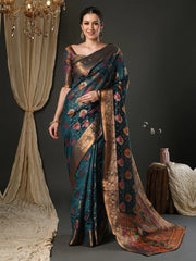 Teal Blue Banarasi Organza Woven Saree - The Dori Store