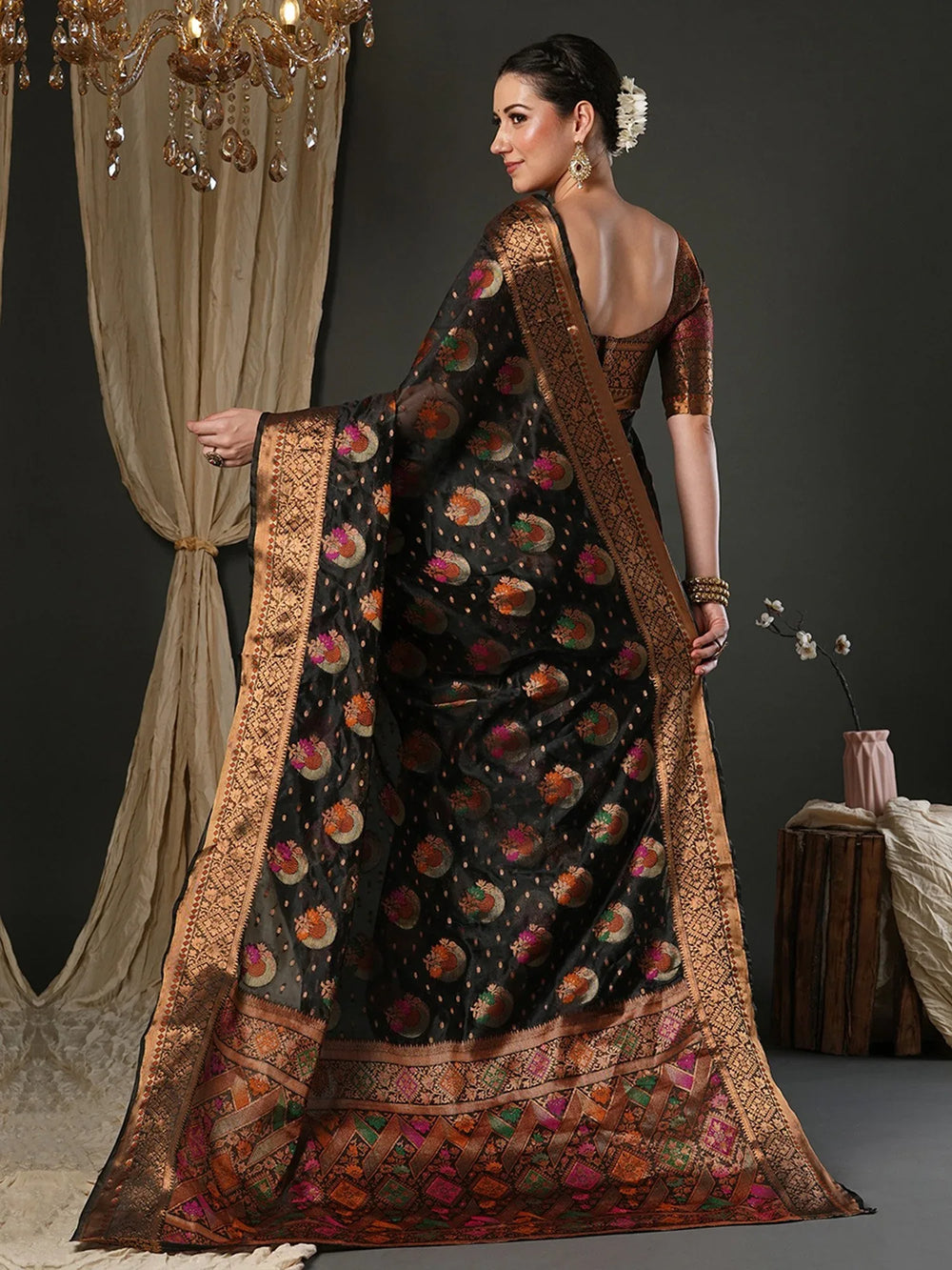 Black Banarasi Organza Woven Saree - The Dori Store