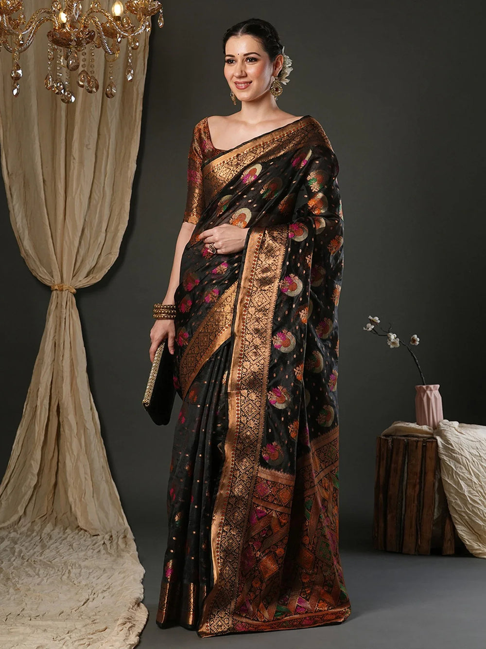 Black Banarasi Organza Woven Saree - The Dori Store