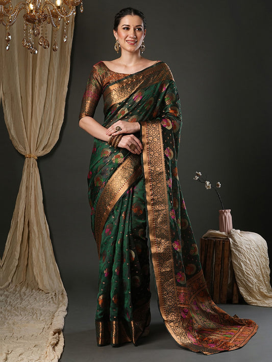 Green Green Banarasi Organza Woven Saree