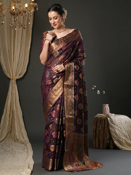Purple Purple Banarasi Organza Woven Saree
