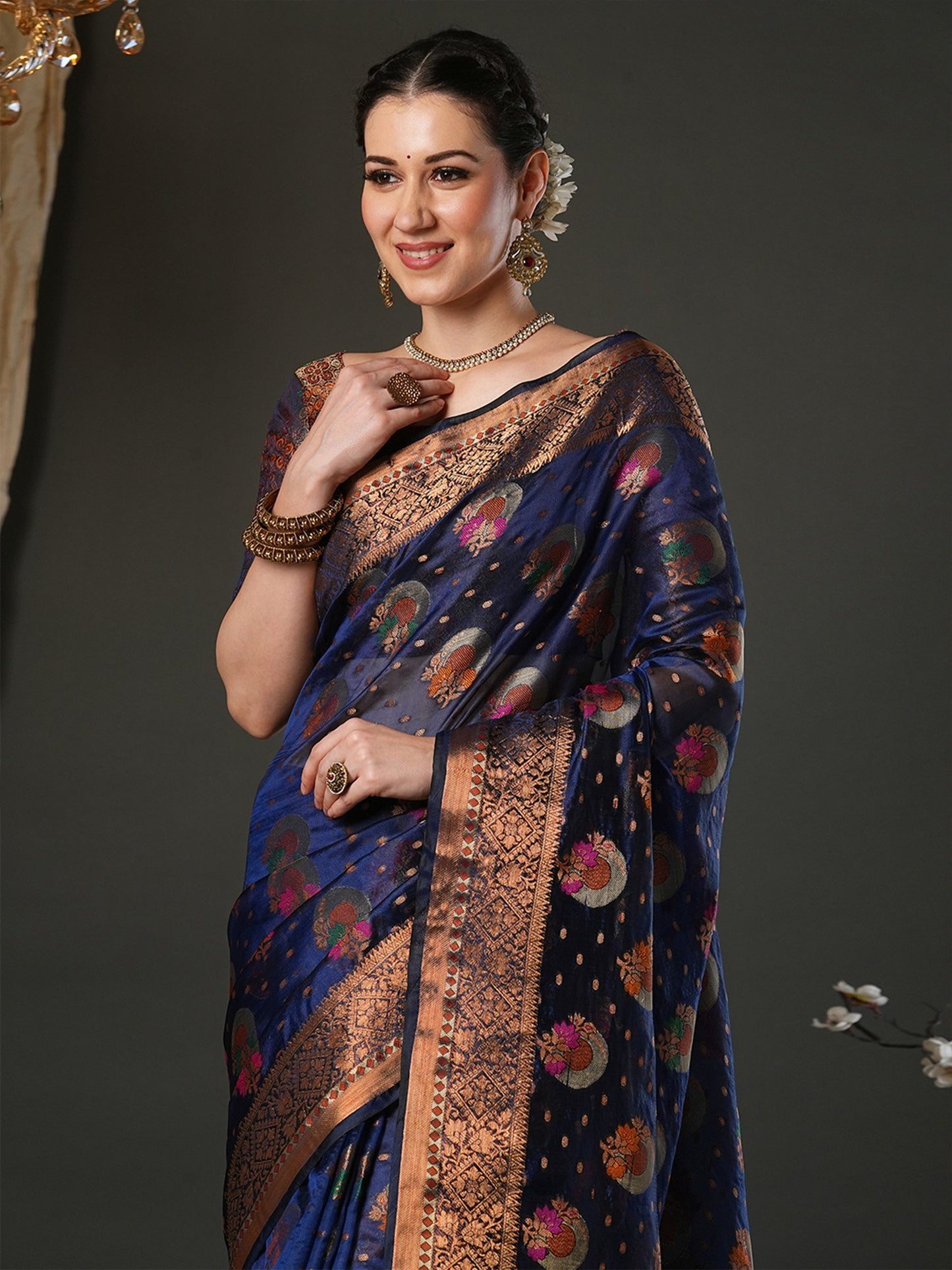 Navy Banarasi Organza Woven Saree