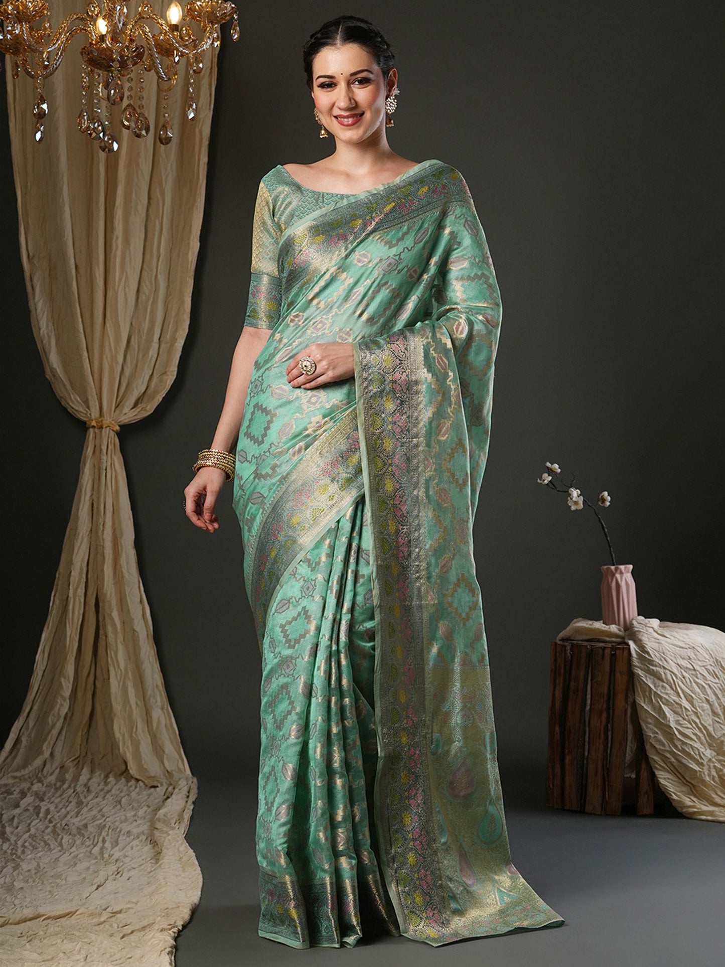 Blue Light Banarasi Organza Woven Saree