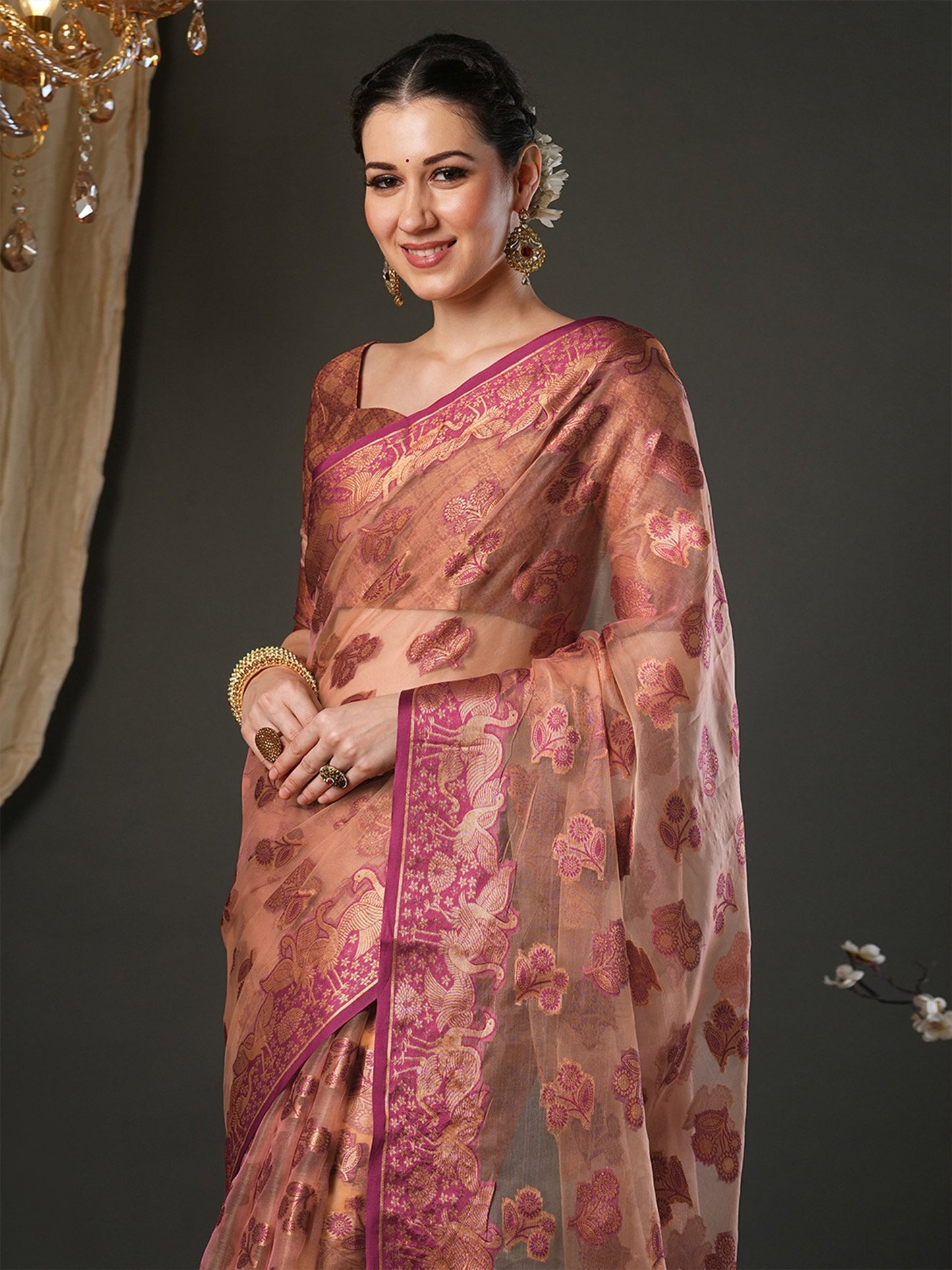 Pink Banarasi Organza Woven Saree