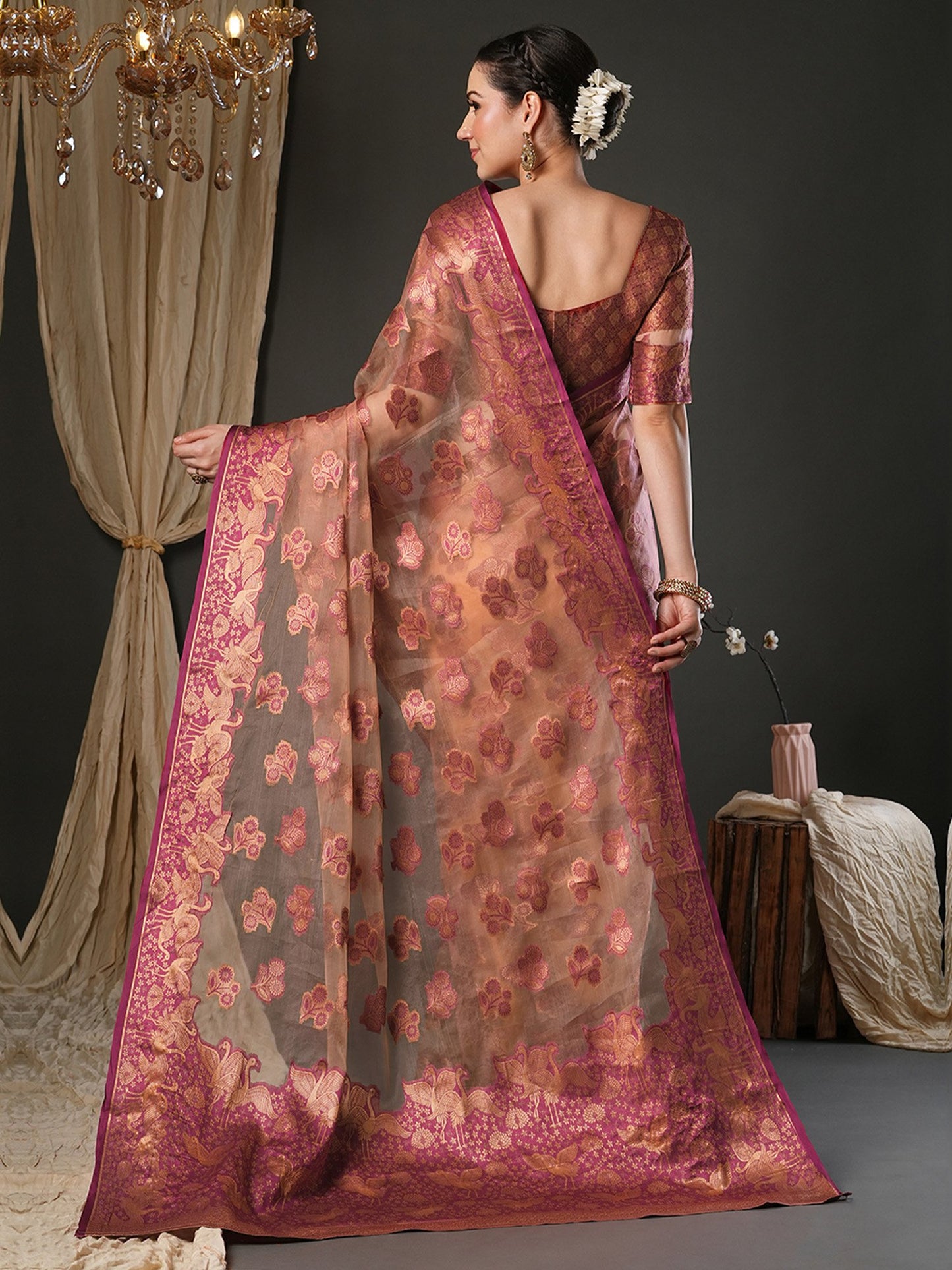 Pink Banarasi Organza Woven Saree