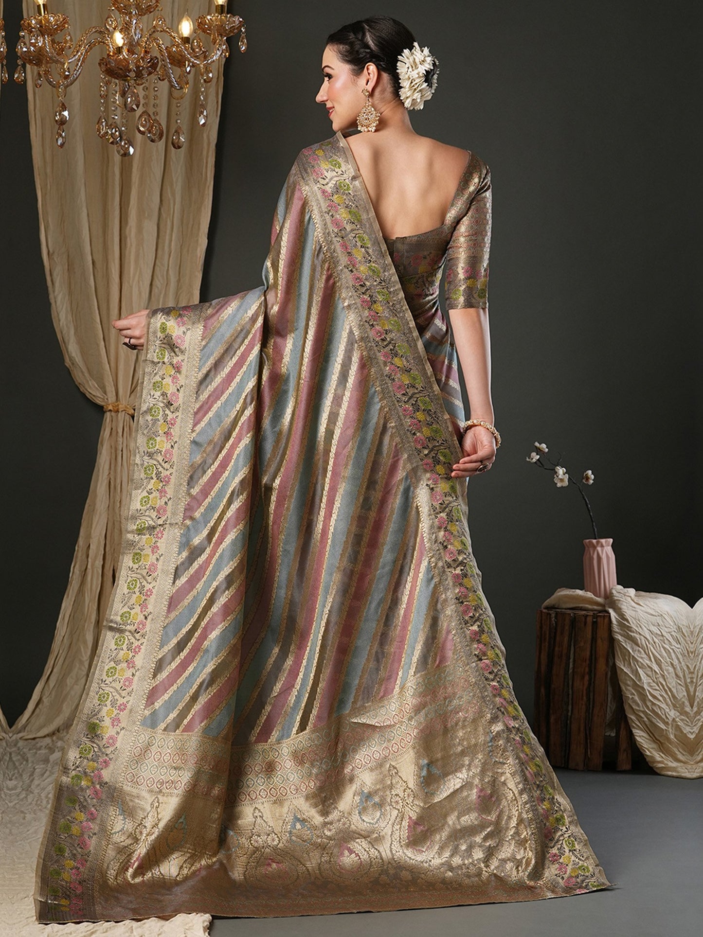 Grey Banarasi Organza Woven Saree