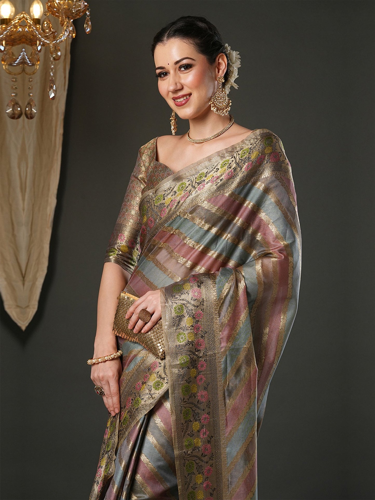 Grey Banarasi Organza Woven Saree