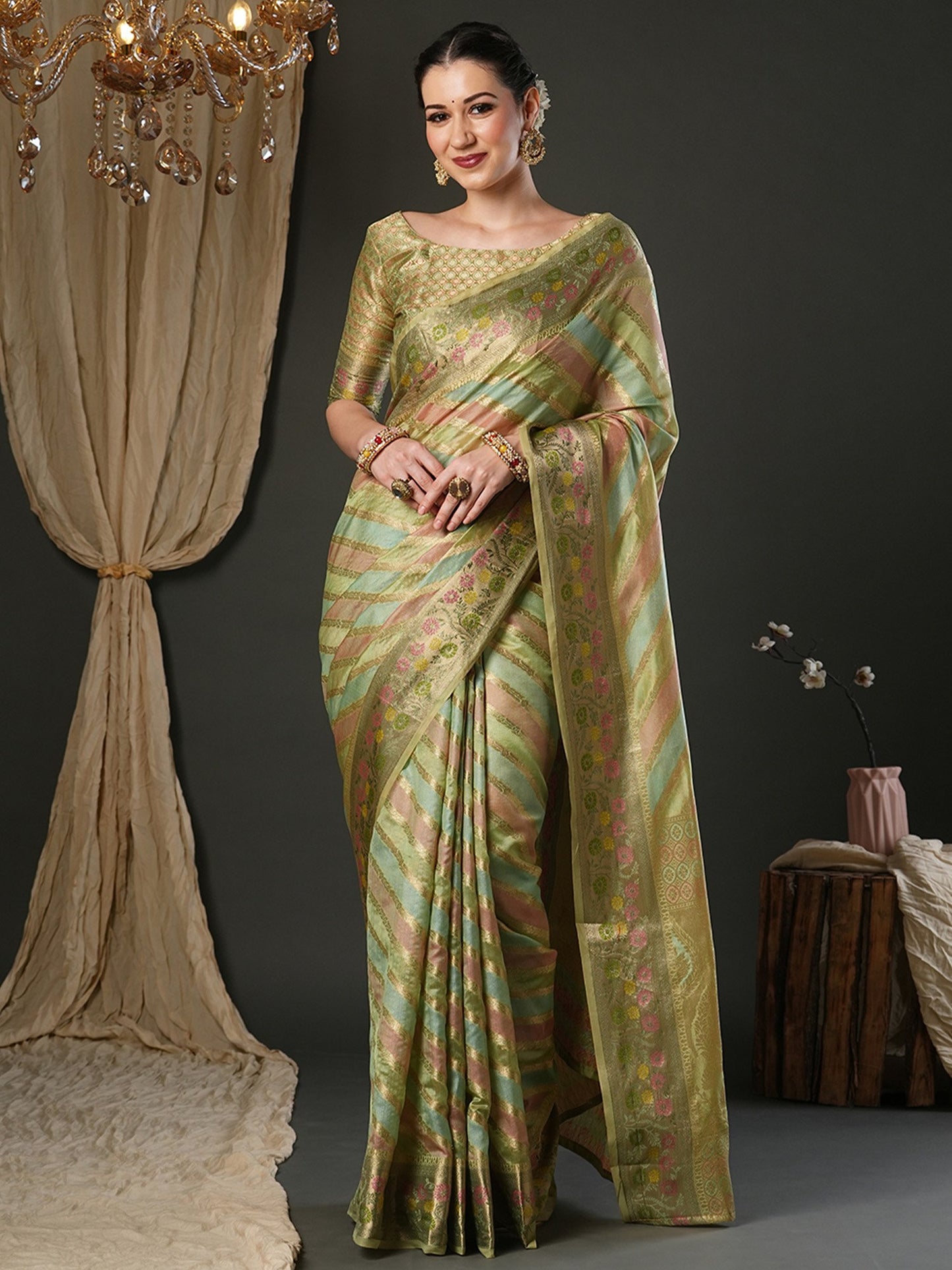 Green Light Banarasi Organza Woven Saree