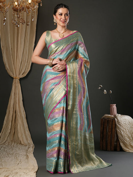 Blue Light Banarasi Organza Woven Saree