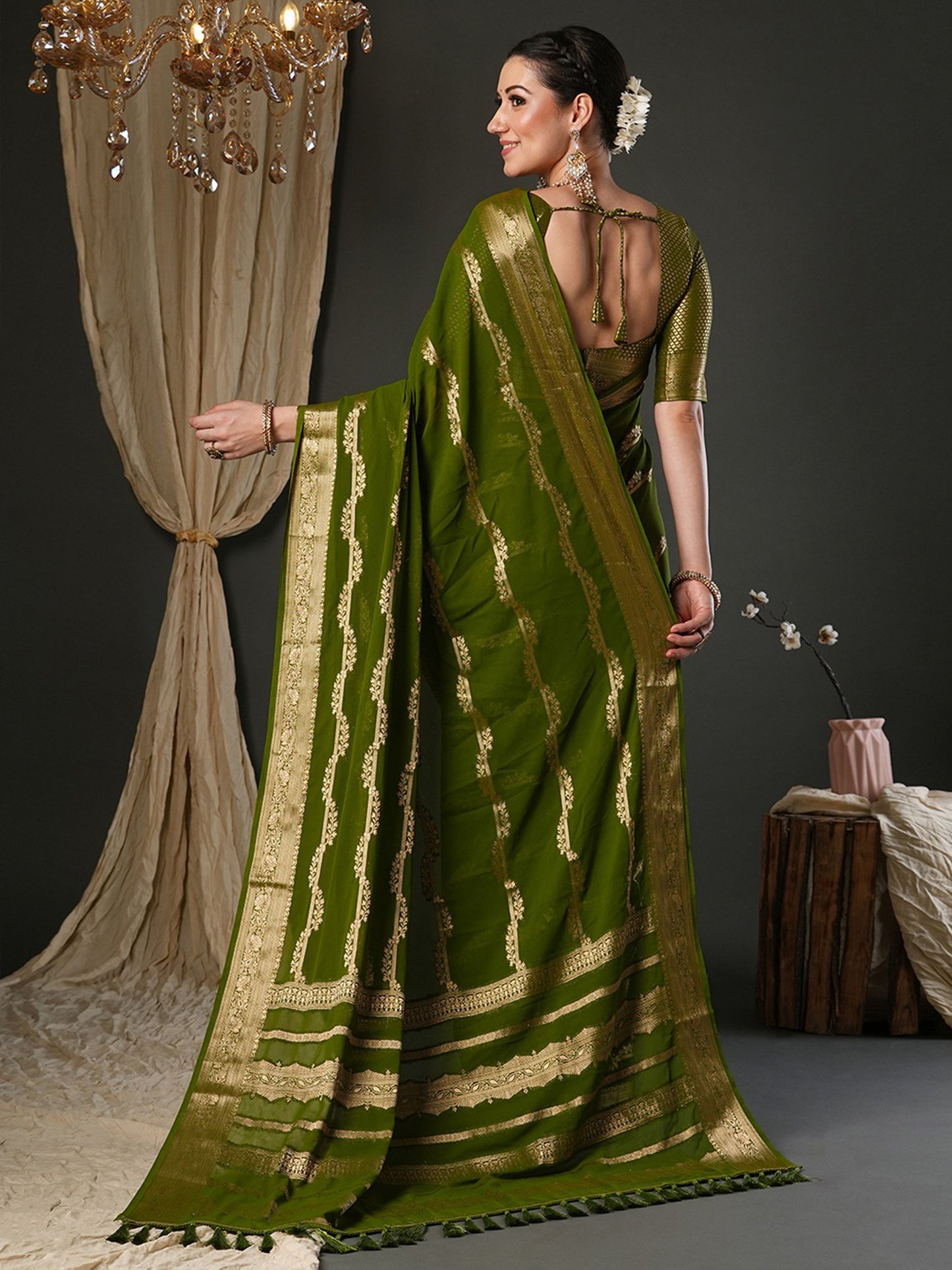 Olive Kanjeevaram Pure Georgette Woven Saree