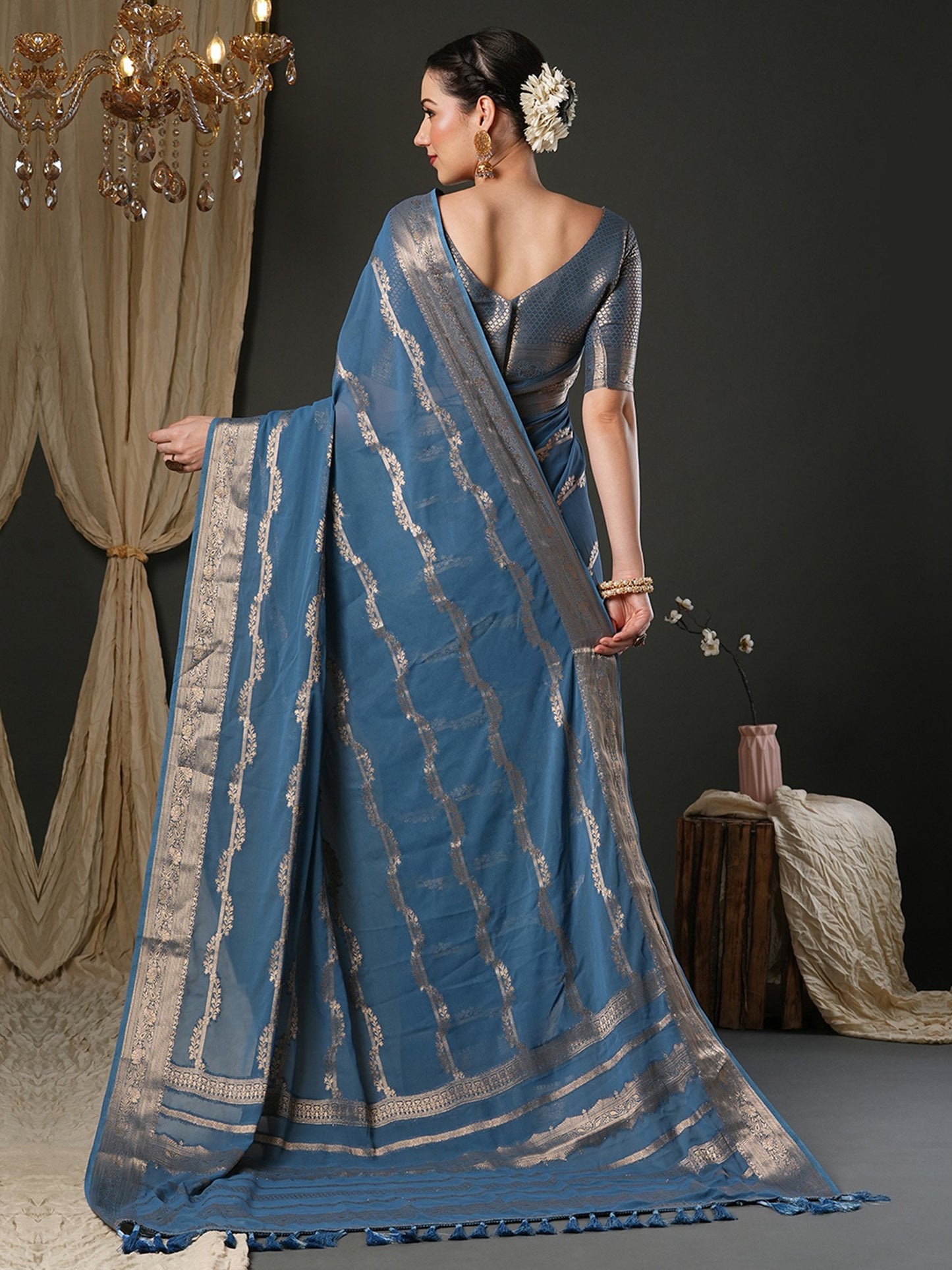 Blue Kanjeevaram Pure Georgette Woven Saree