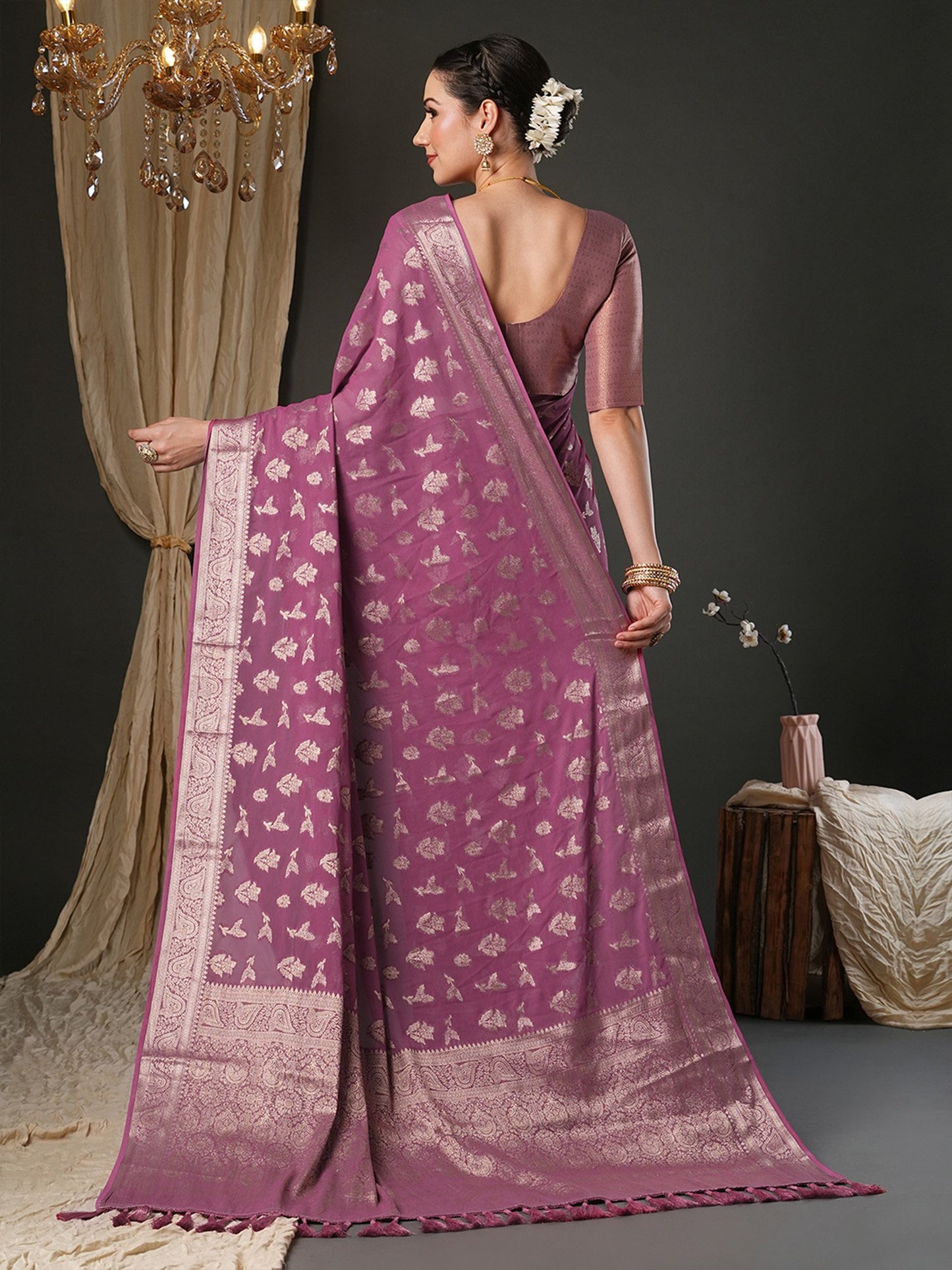 Mauve Kanjeevaram Pure Georgette Woven Saree