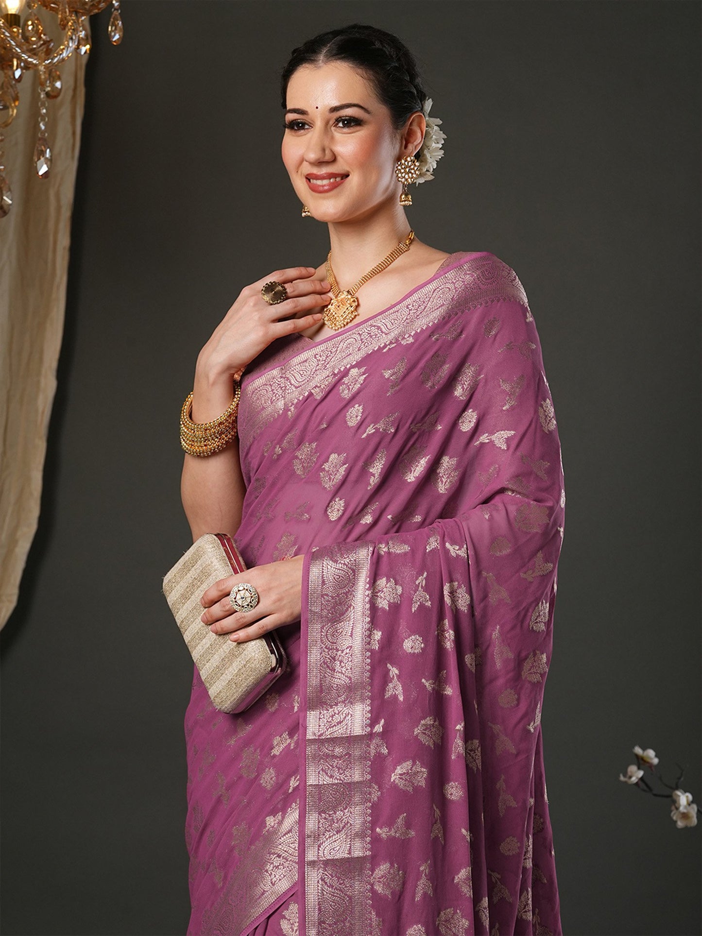 Mauve Kanjeevaram Pure Georgette Woven Saree